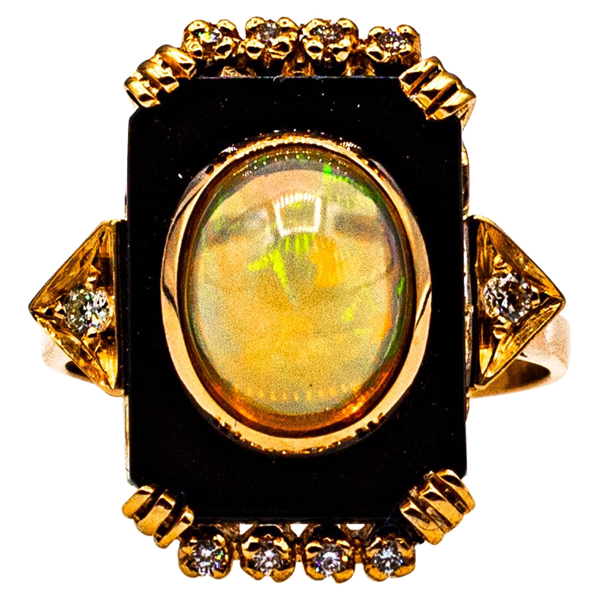 Art Deco Style 2.23 Carat White Diamond Opal Onyx Yellow Gold Cocktail Ring For Sale