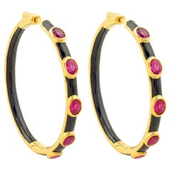 Art Deco Stil 2,24 Karat Rubin Schwarz Emaille Creolen 14k Gelbgold