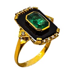Art Deco Style 2.33 Carat White Diamond Emerald Onyx Yellow Gold Cocktail Ring