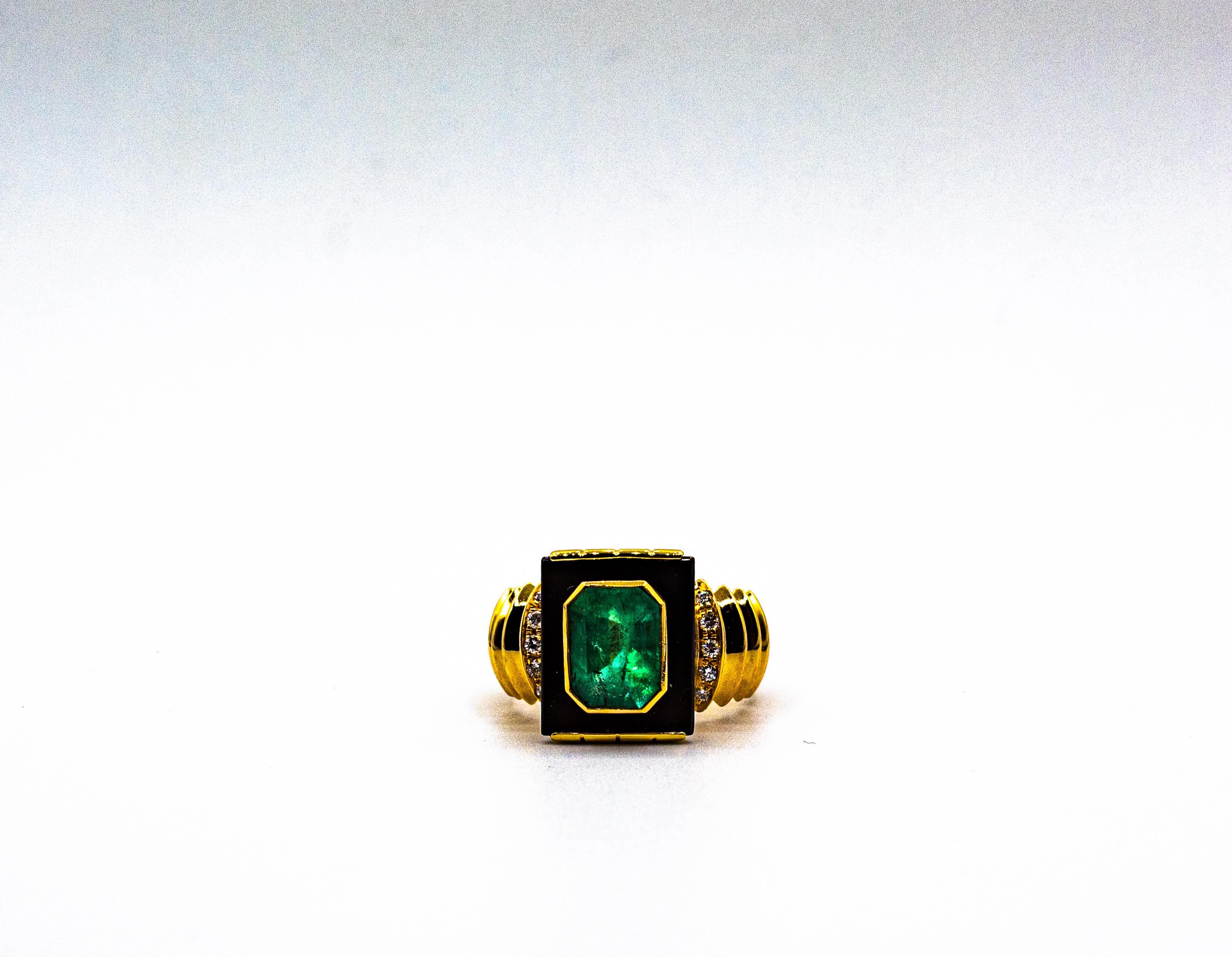 Art Deco Style 2.34 Carat White Diamond Emerald Onyx Yellow Gold Cocktail Ring For Sale 5