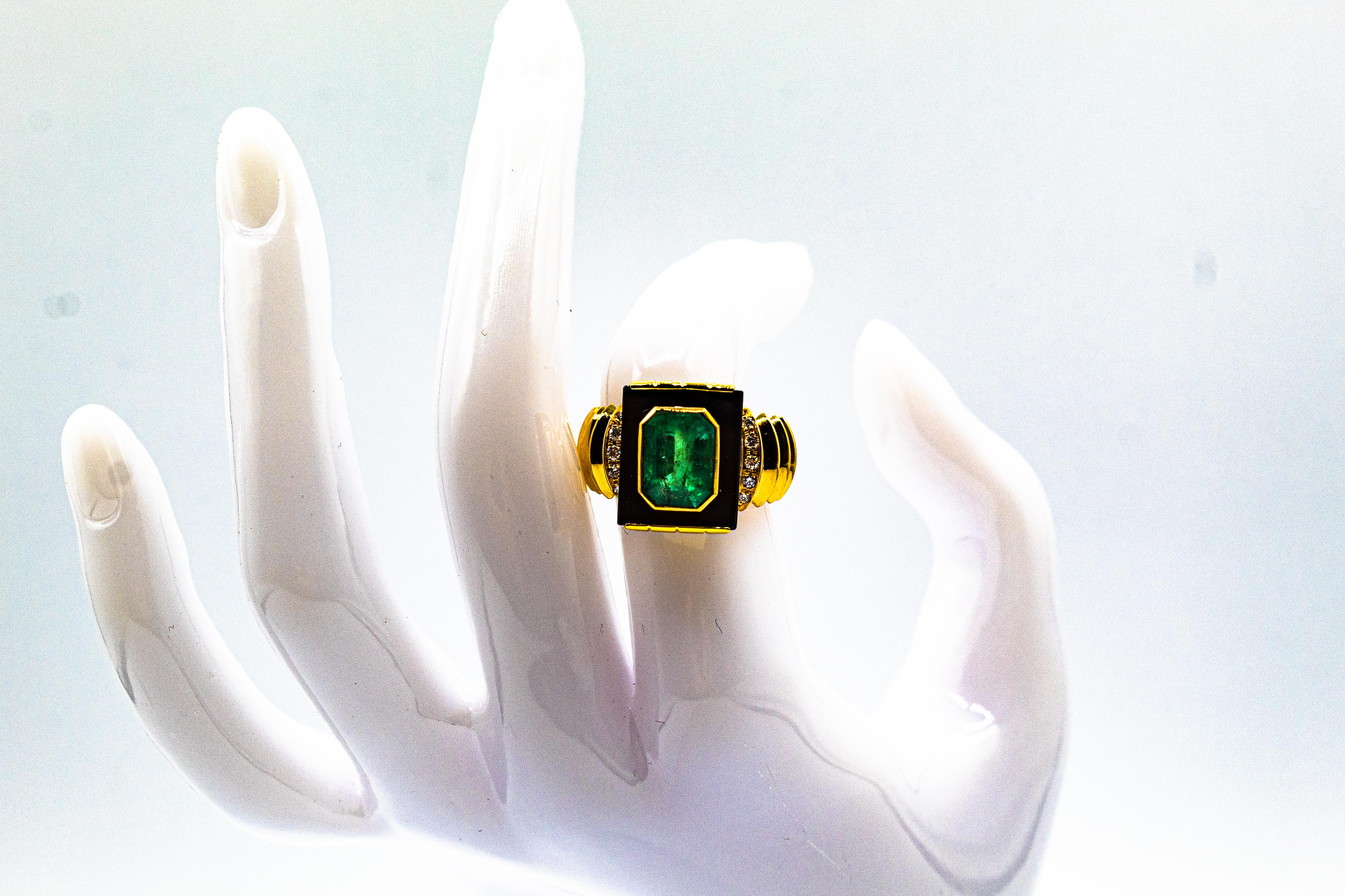 Art Deco Style 2.34 Carat White Diamond Emerald Onyx Yellow Gold Cocktail Ring For Sale 10