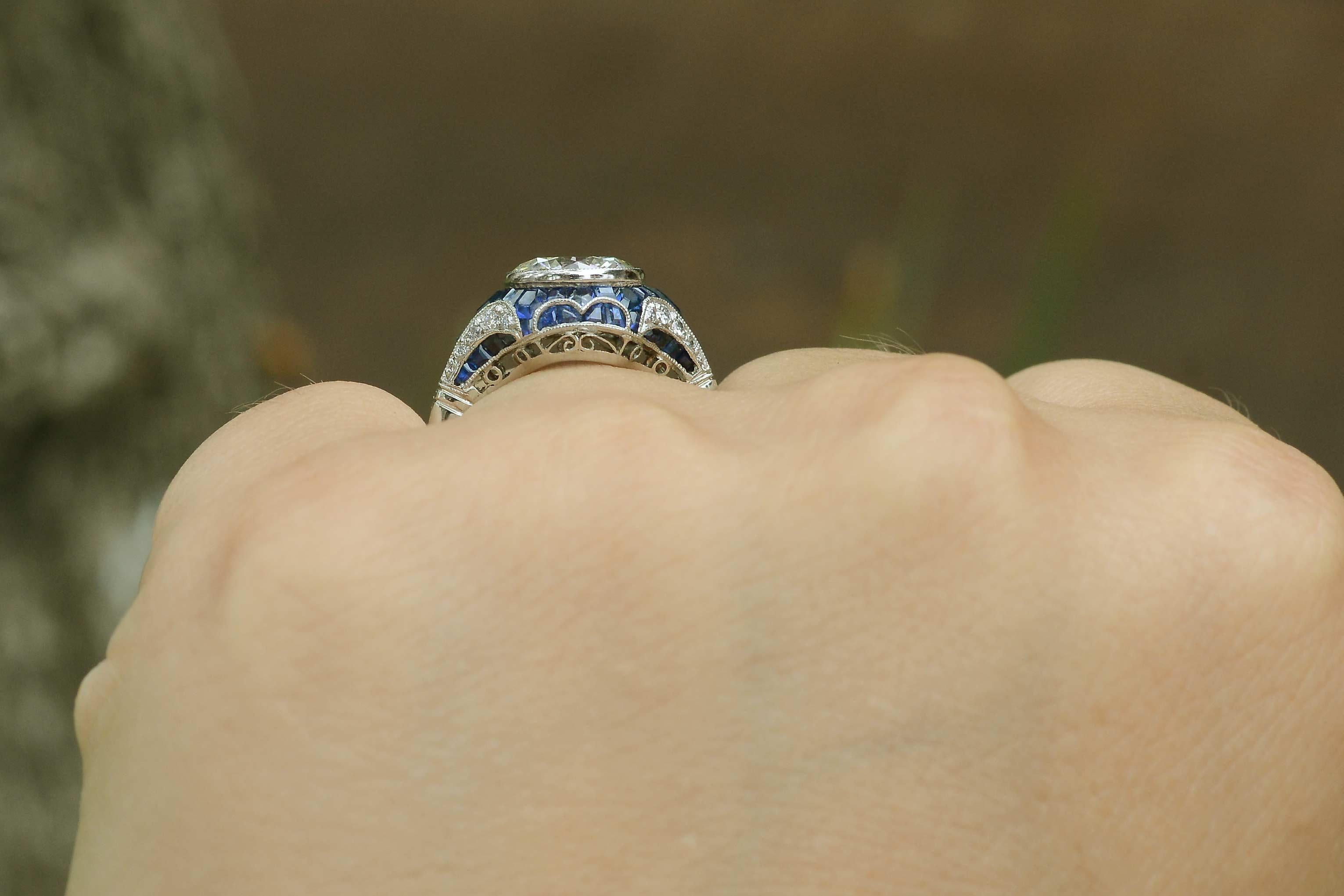 art deco diamond and sapphire engagement ring