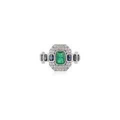 Art Deco Style 2.34Carat Emerald Sapphire & Diamond Cocktail Ring 14K White Gold