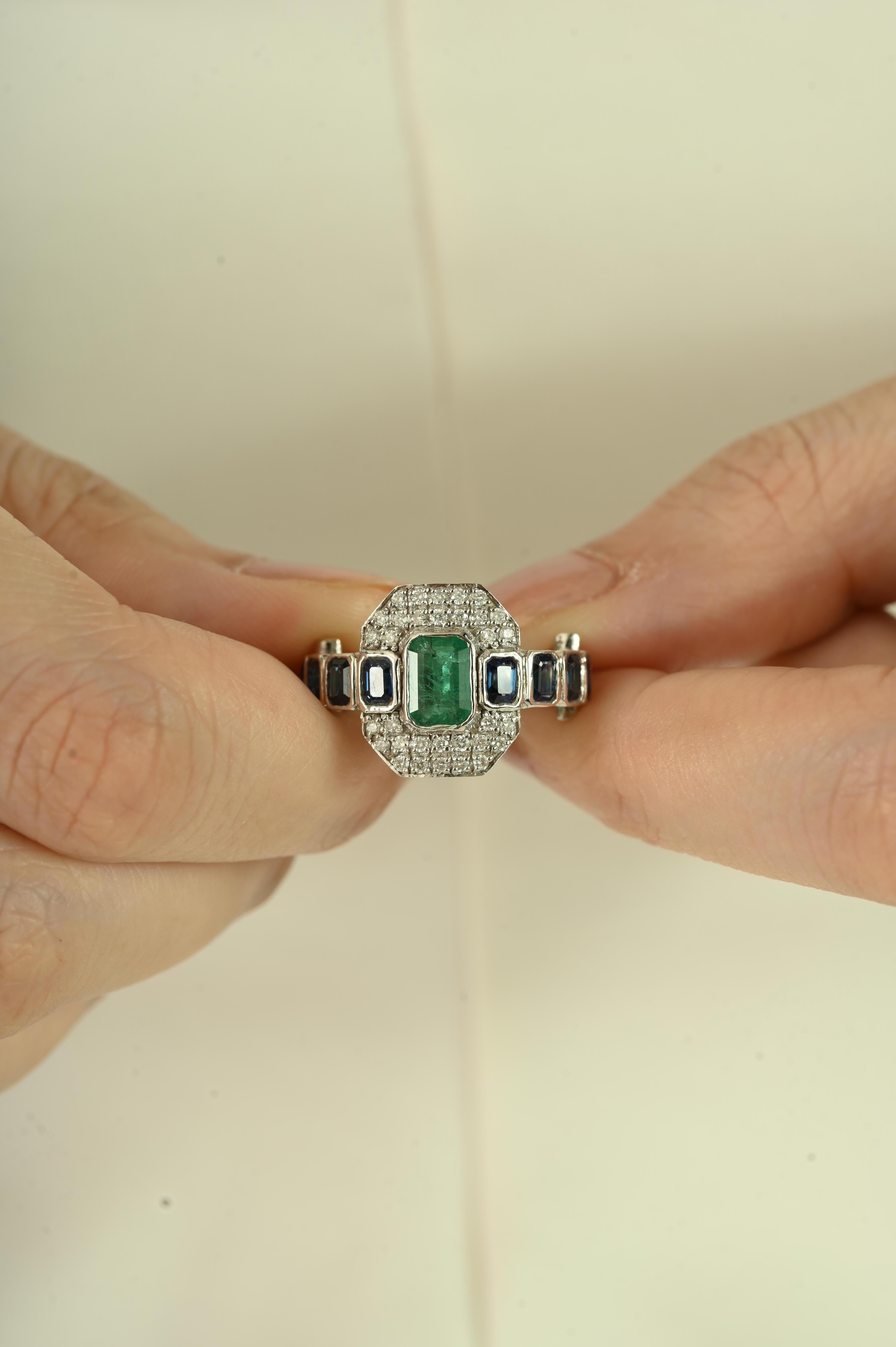 Im Angebot: Art Deco Stil 2,34Karat Smaragd Saphir & Diamant Cocktail Ring 14K Weißgold () 3