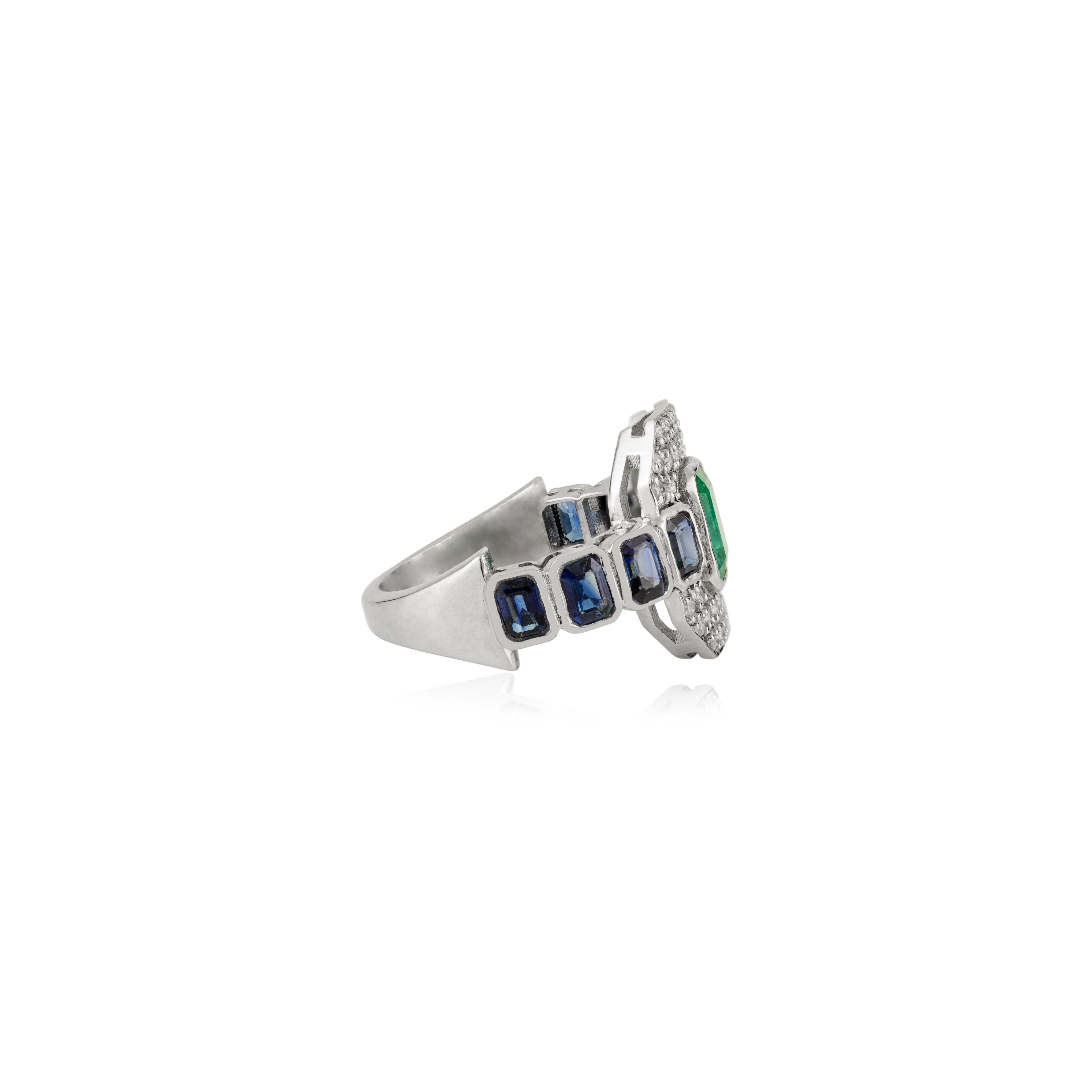 Im Angebot: Art Deco Stil 2,34Karat Smaragd Saphir & Diamant Cocktail Ring 14K Weißgold () 6