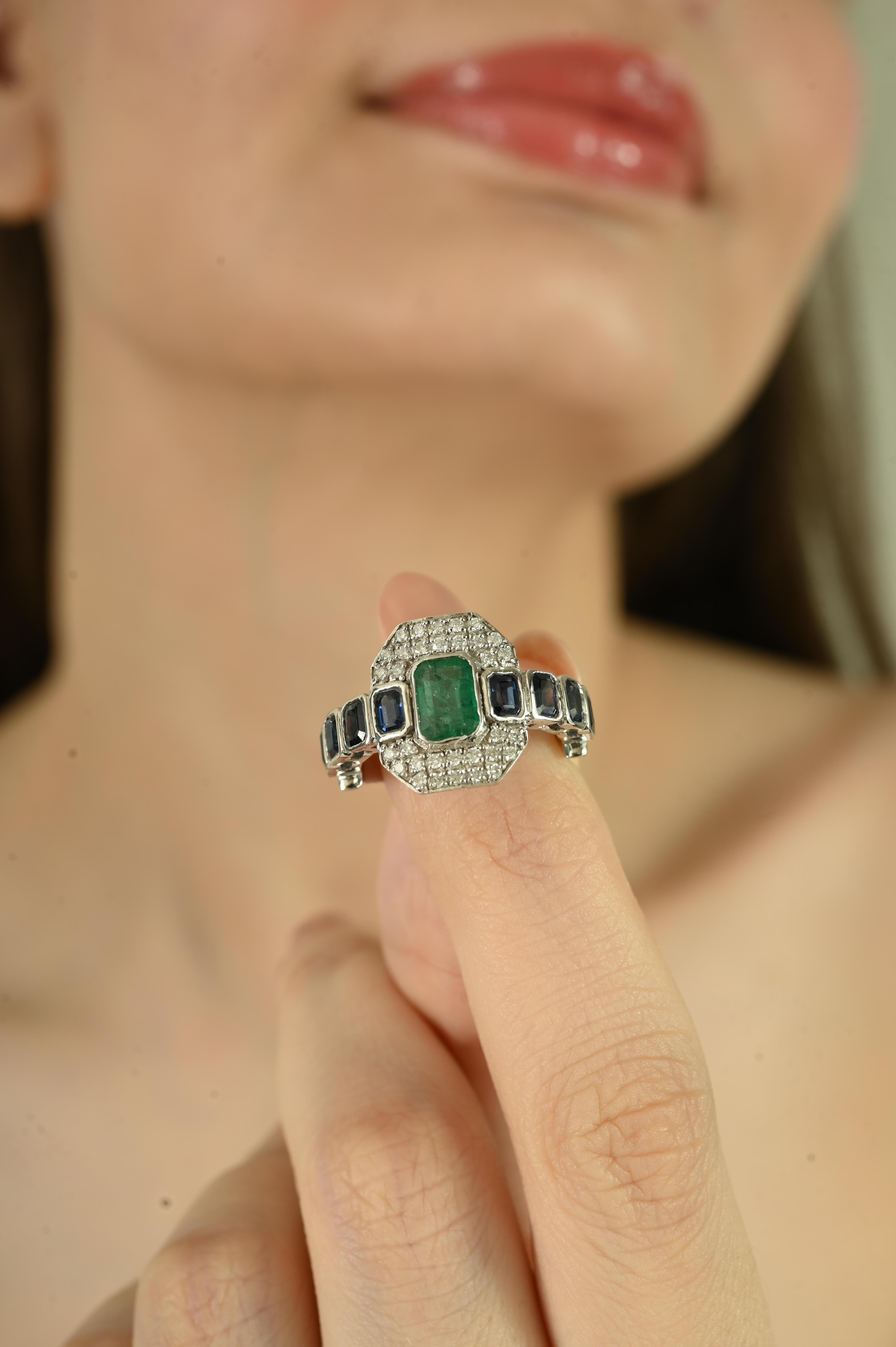 Im Angebot: Art Deco Stil 2,34Karat Smaragd Saphir & Diamant Cocktail Ring 14K Weißgold () 9