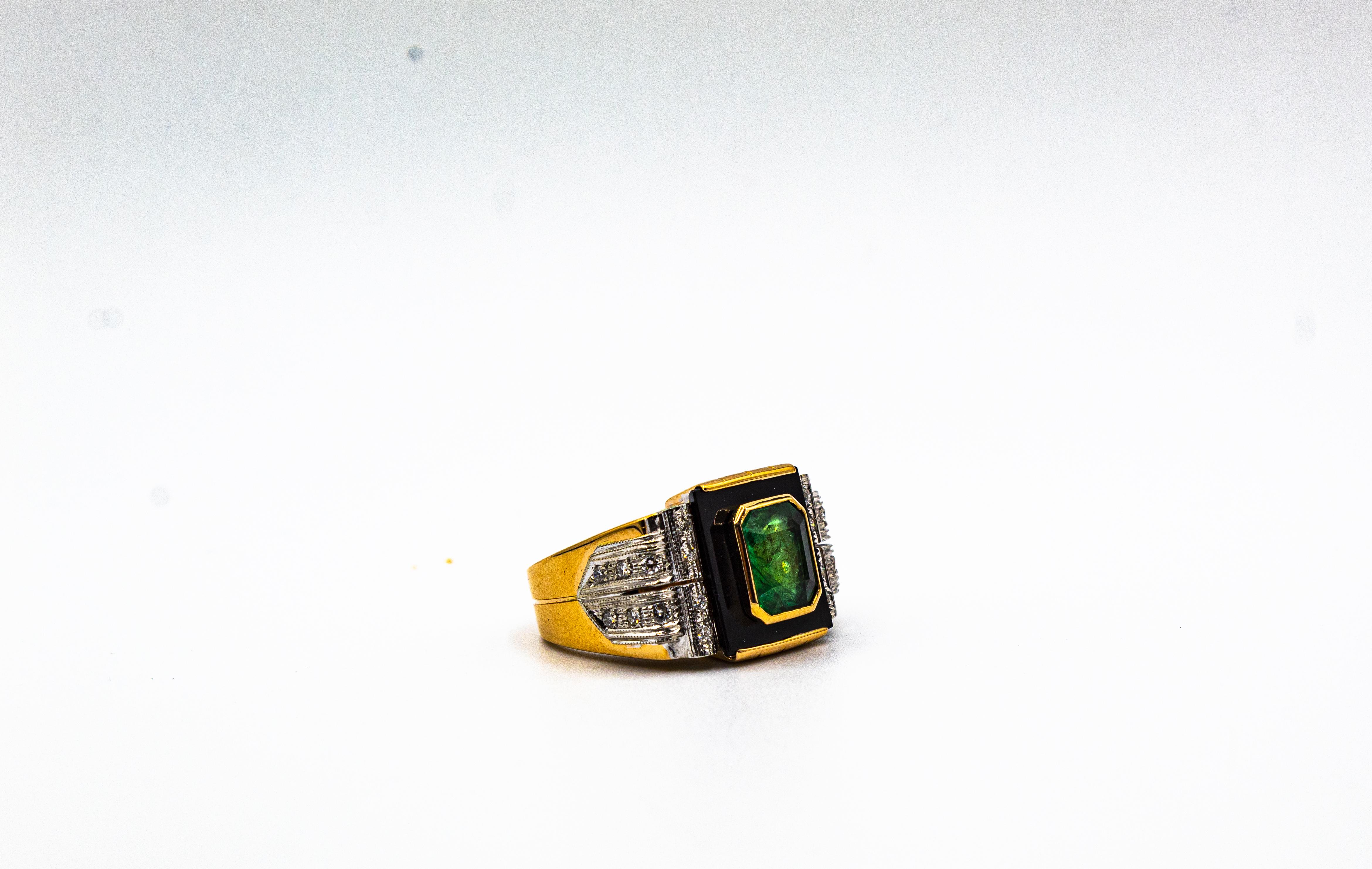 Art Deco Style 2.38 Carat White Diamond Emerald Onyx Yellow Gold Cocktail Ring For Sale 5