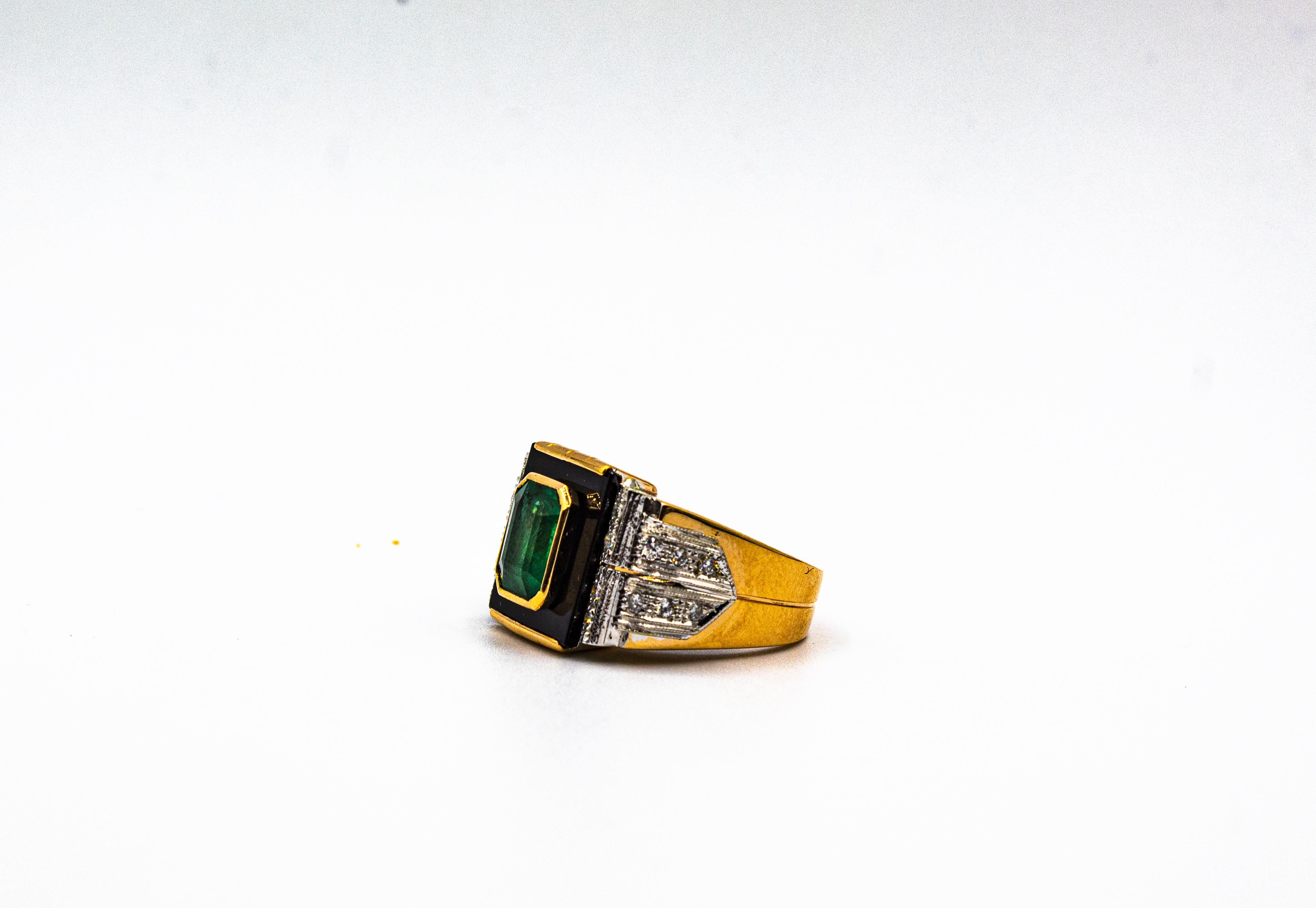 Art Deco Style 2.38 Carat White Diamond Emerald Onyx Yellow Gold Cocktail Ring For Sale 3