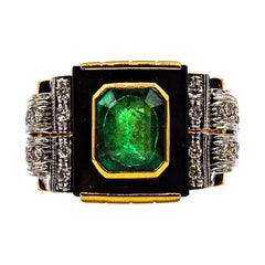 Art Deco Style 2.38 Carat White Diamond Emerald Onyx Yellow Gold Cocktail Ring