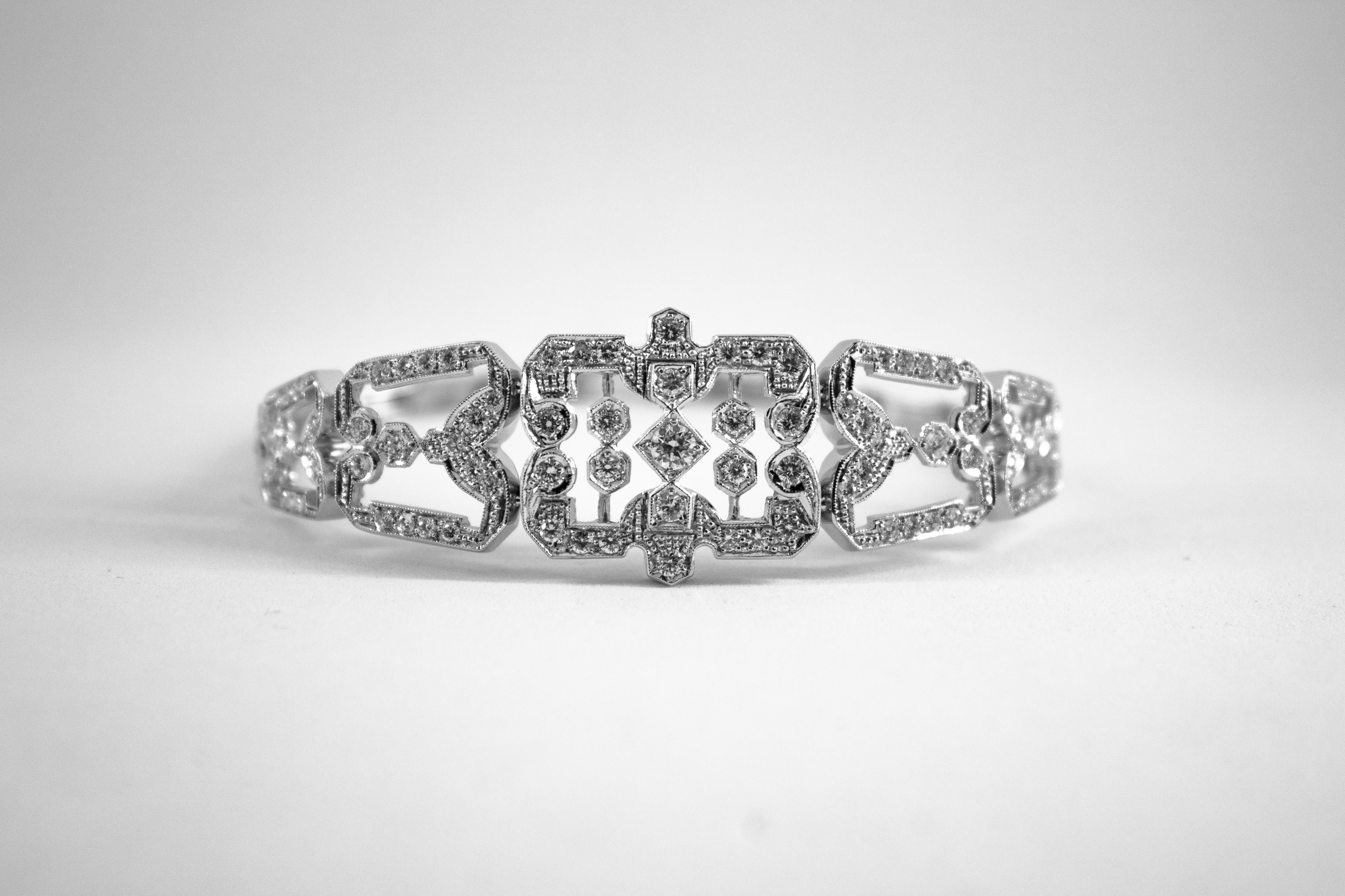 Art Deco Style 2.40 Carat White Modern Round Cut Diamond White Gold Bracelet For Sale 5