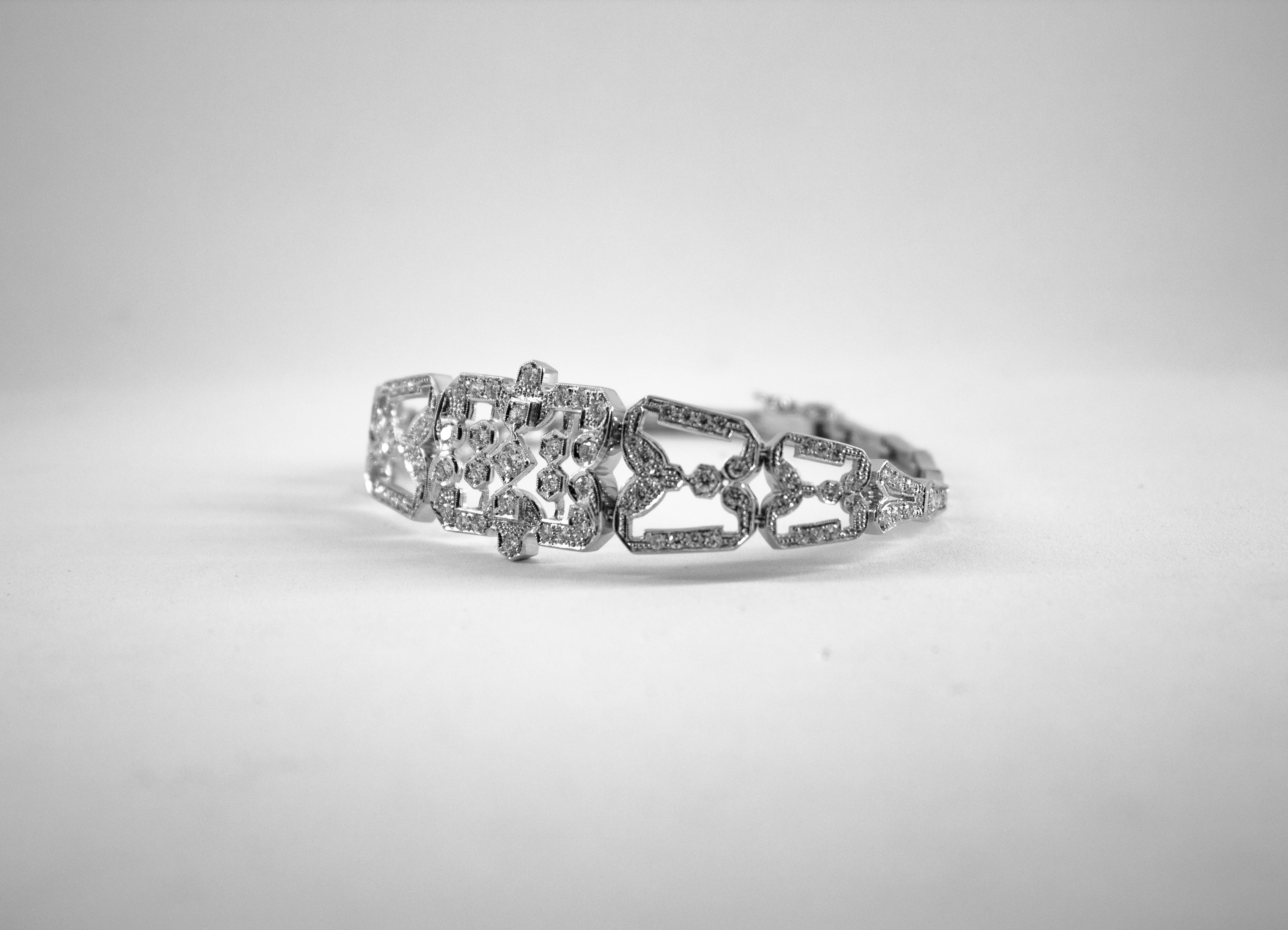 Art Deco Style 2.40 Carat White Modern Round Cut Diamond White Gold Bracelet For Sale 7