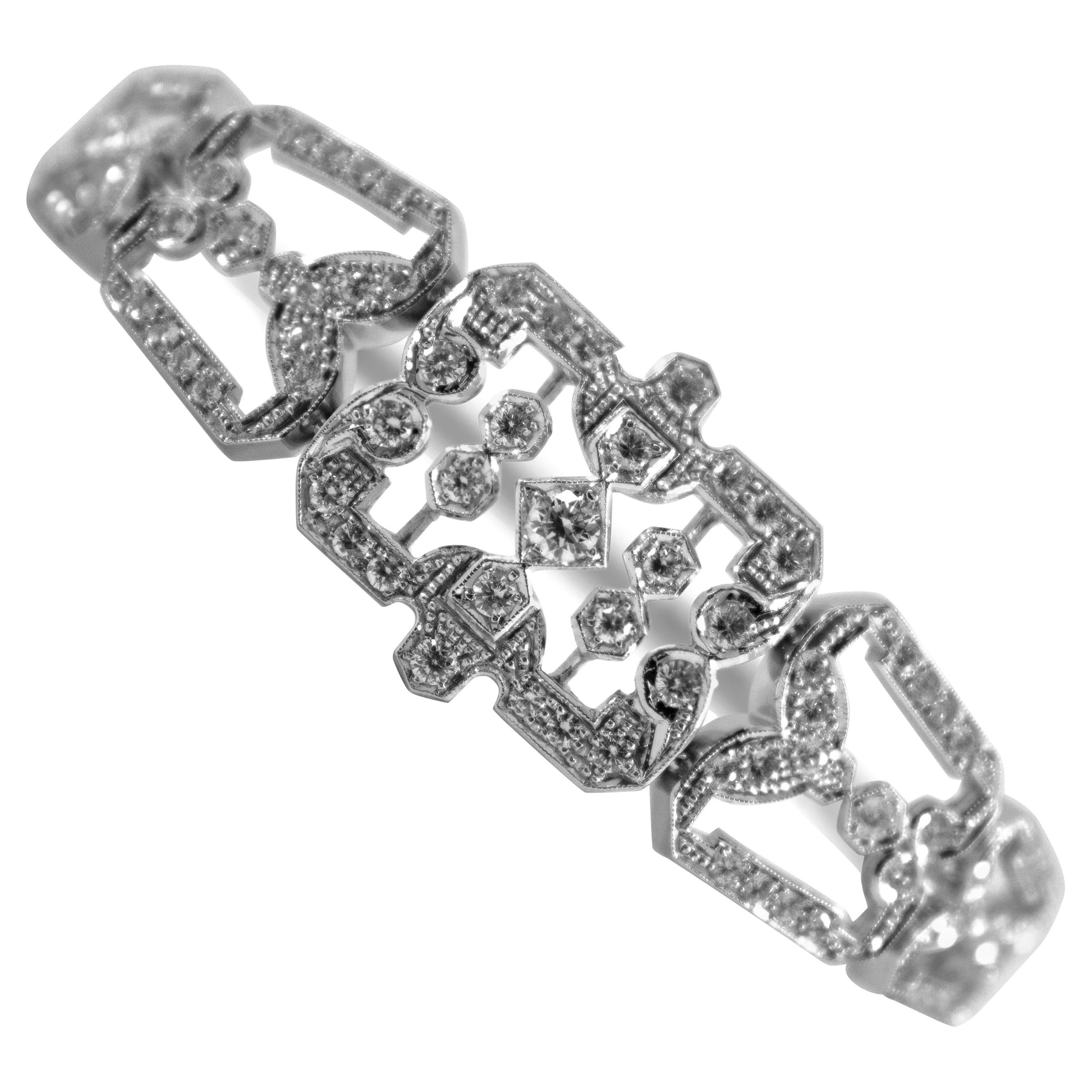 Art Deco Style 2.40 Carat White Modern Round Cut Diamond White Gold Bracelet For Sale