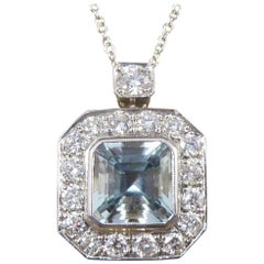 Art Deco Style 2.40ct Aquamarine and Diamond Cluster Necklace in 18ct White Gold