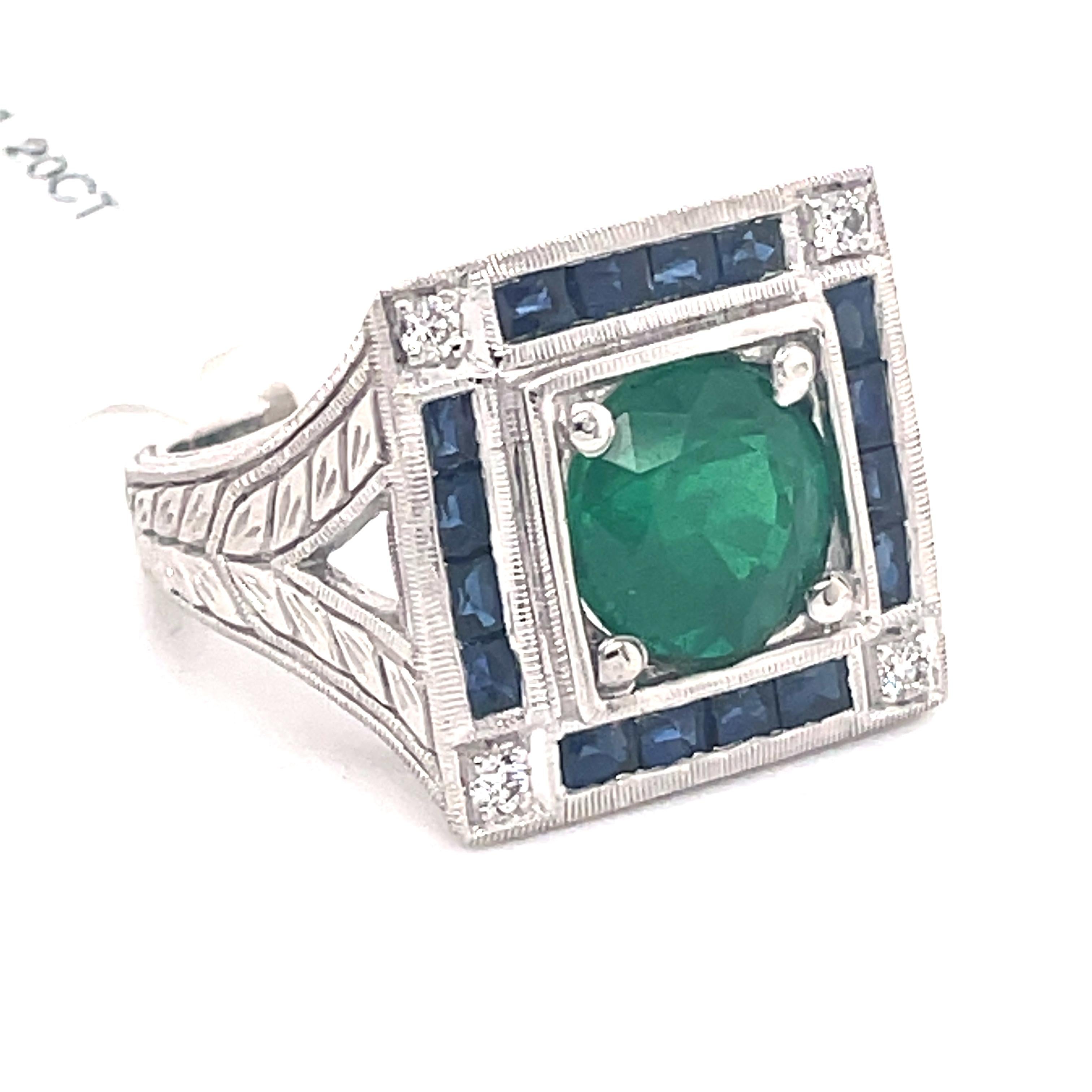 Round Cut Art Deco Style 2.47 Carat Emerald with Sapphires & Diamonds Ring 18k White Gold