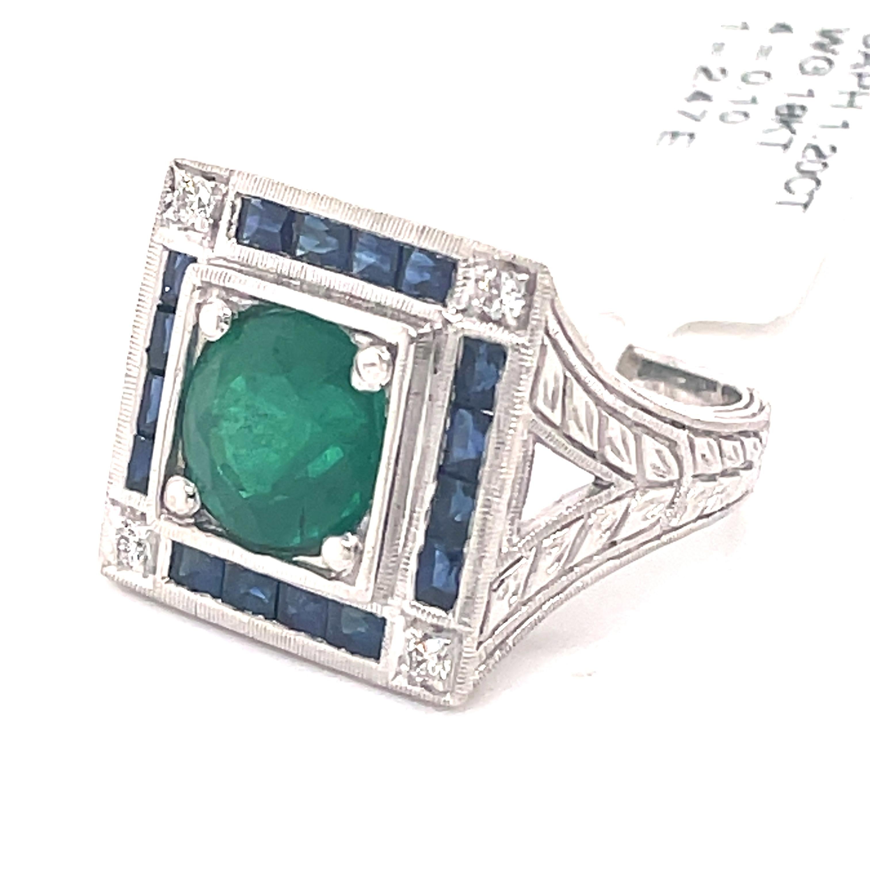 Art Deco Style 2.47 Carat Emerald with Sapphires & Diamonds Ring 18k White Gold In New Condition In BEVERLY HILLS, CA