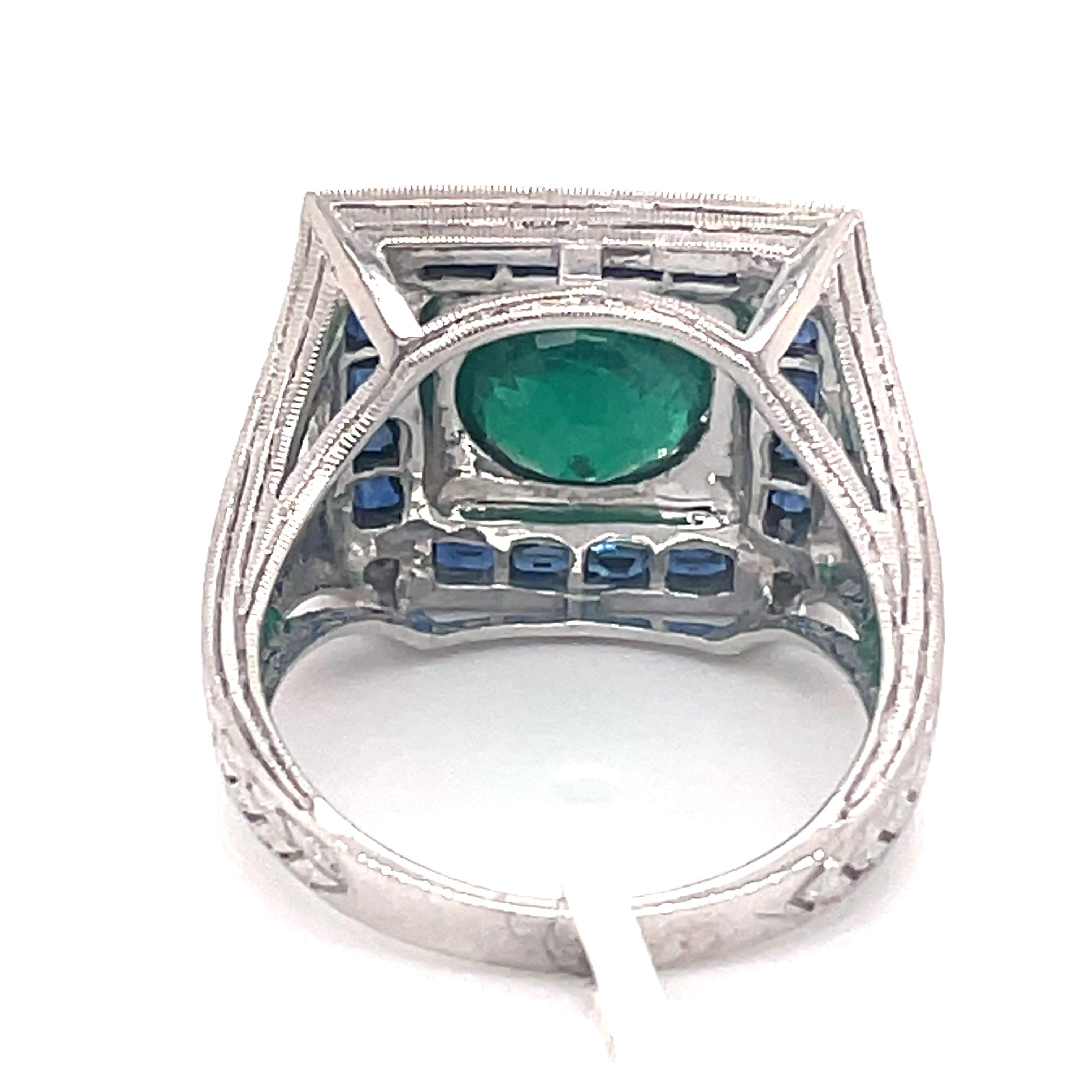 Women's Art Deco Style 2.47 Carat Emerald with Sapphires & Diamonds Ring 18k White Gold