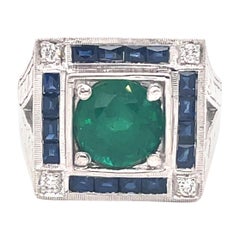 Art Deco Style 2.47 Carat Emerald with Sapphires & Diamonds Ring 18k White Gold