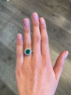 Art Deco Style 2.47ct Round Emerald with Diamond Halo Ring 18k White Gold