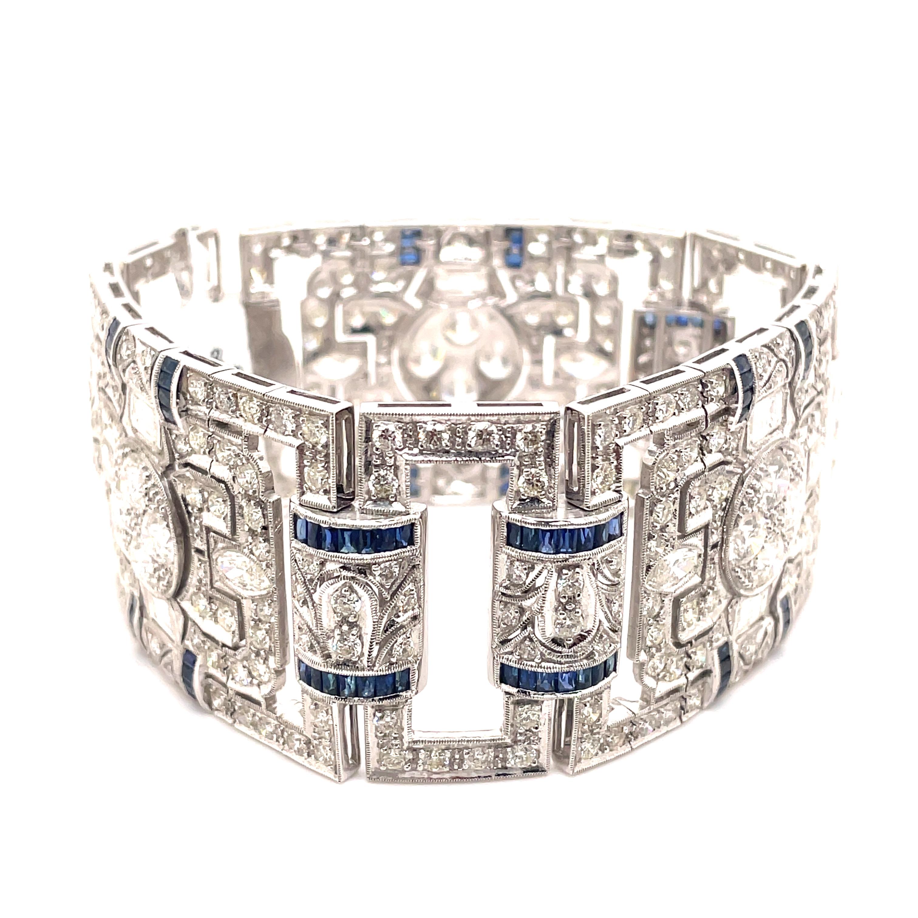 Round Cut Art Deco Style 24.95ct Diamond & Sapphire Bracelet 18k White Gold For Sale