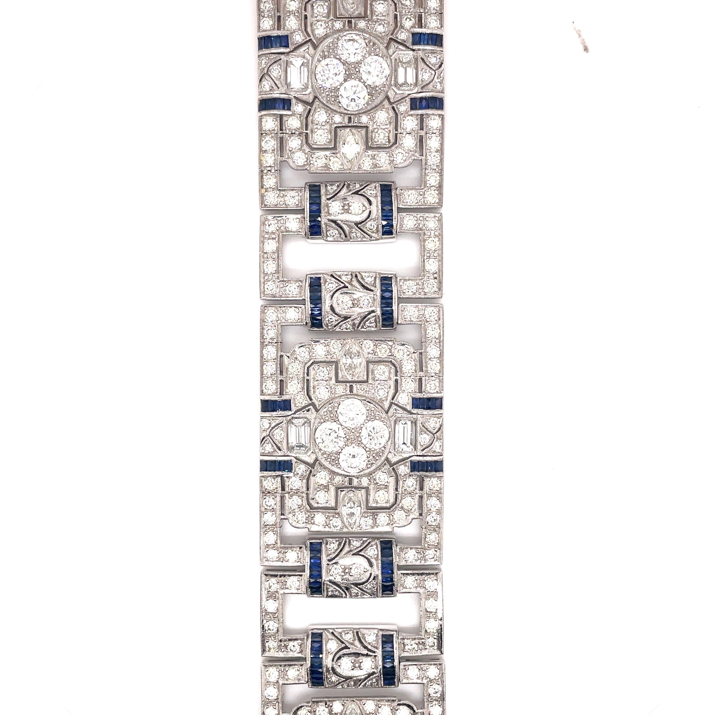 Art Deco Style 24.95ct Diamond & Sapphire Bracelet 18k White Gold In New Condition For Sale In BEVERLY HILLS, CA