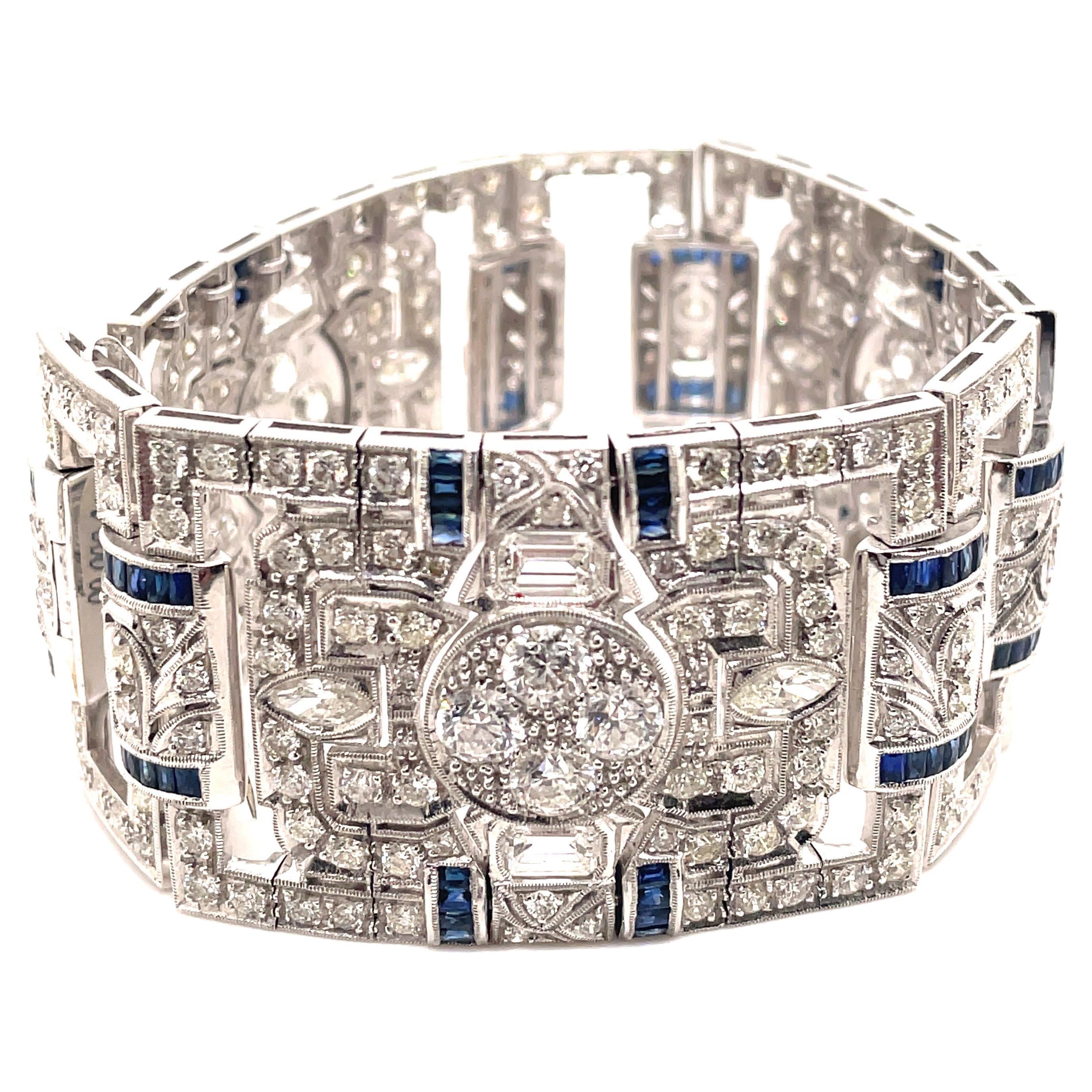 Bracelet de style Art déco en or blanc 18 carats avec diamants et saphirs de 24,95 carats