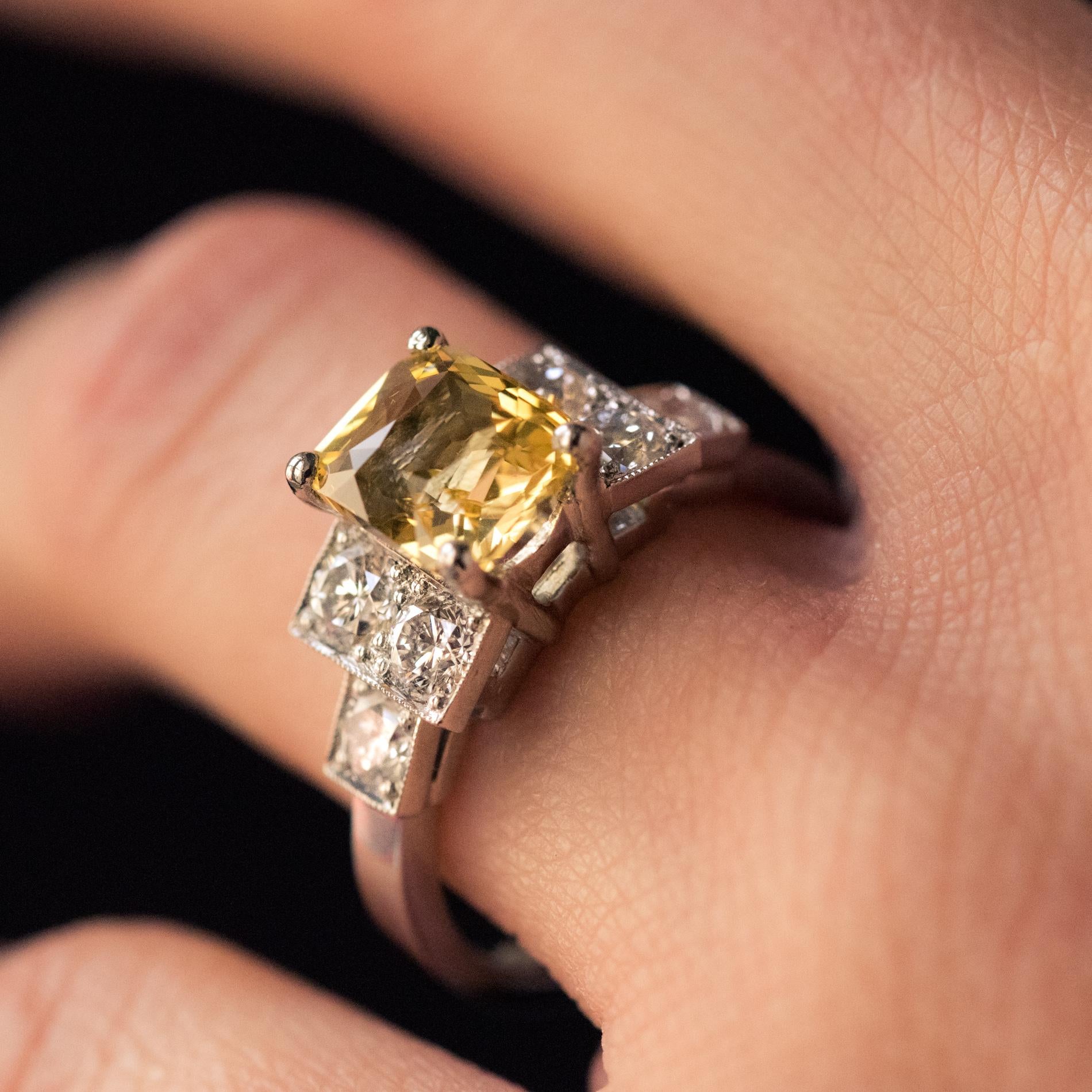 Art Deco Style 2.51 Carat Yellow Sapphire Diamonds Platinum Ring 5