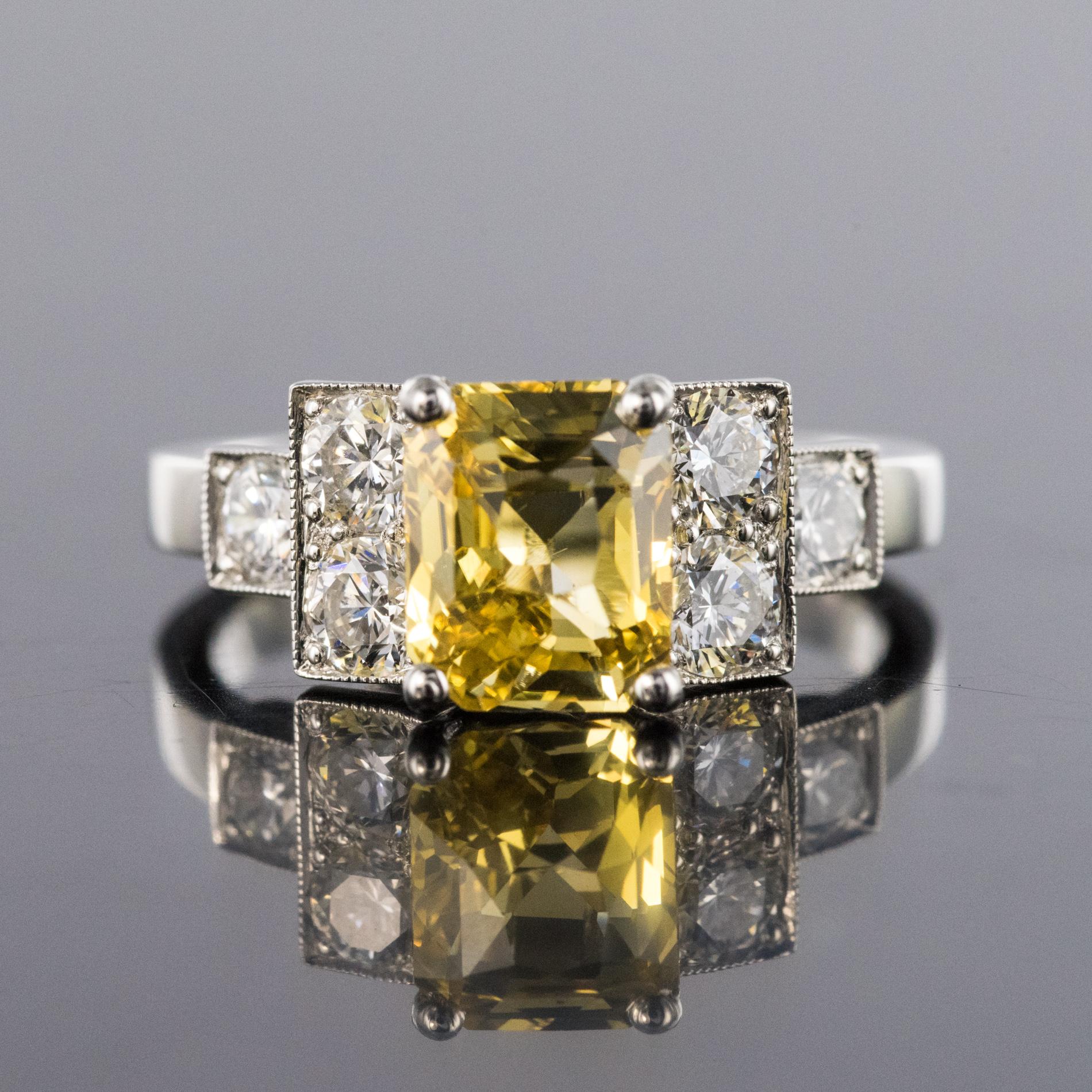 Cushion Cut Art Deco Style 2.51 Carat Yellow Sapphire Diamonds Platinum Ring
