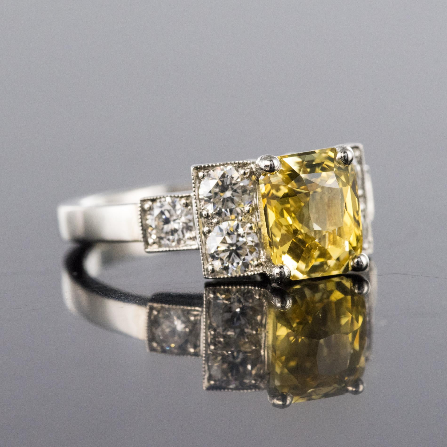 Art Deco Style 2.51 Carat Yellow Sapphire Diamonds Platinum Ring 2