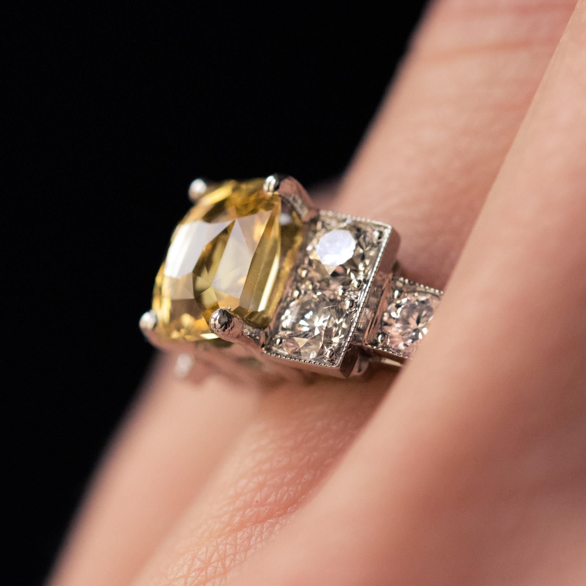 Art Deco Style 2.51 Carat Yellow Sapphire Diamonds Platinum Ring 3