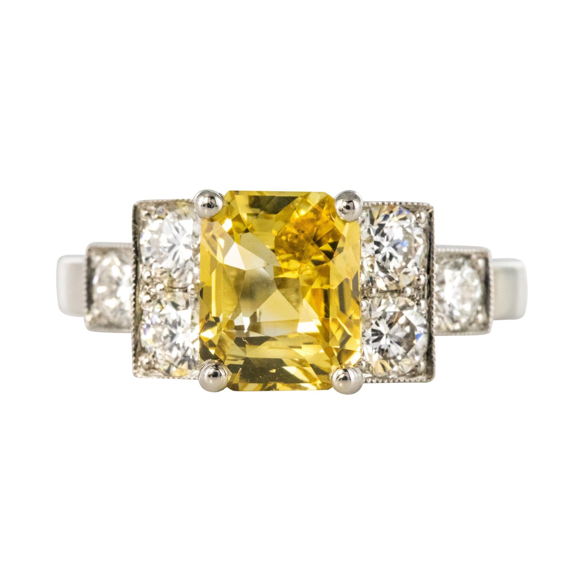 Art Deco Style 2.51 Carat Yellow Sapphire Diamonds Platinum Ring