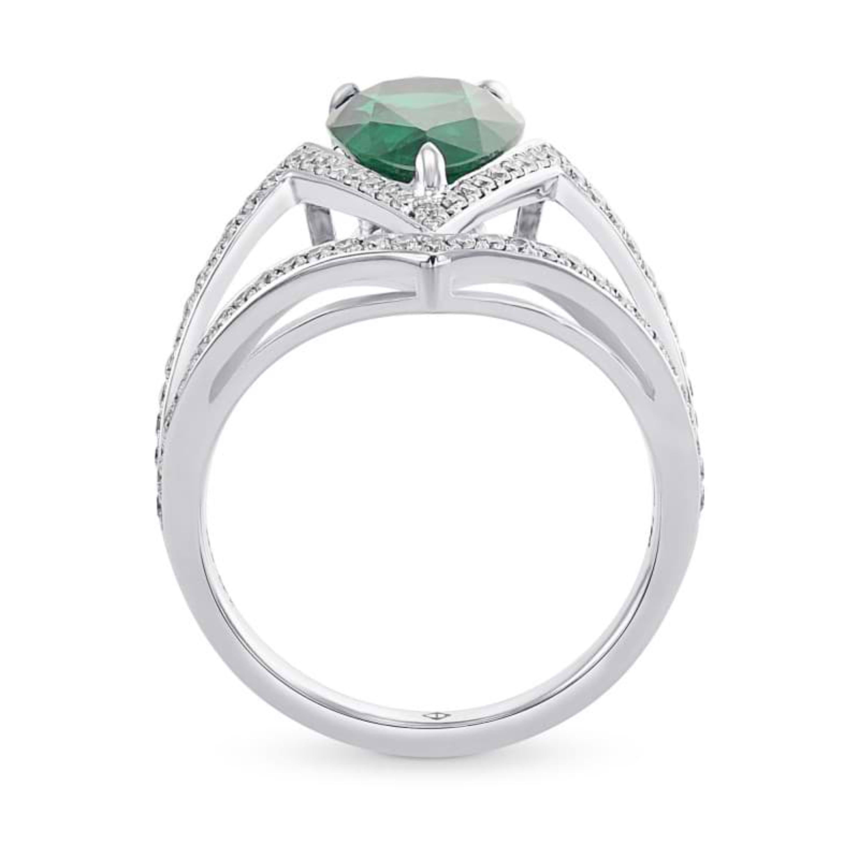 Art Deco Style 2.55 Carat Pear Cut Natural Emerald Diamond Cocktail Ring Band For Sale 1