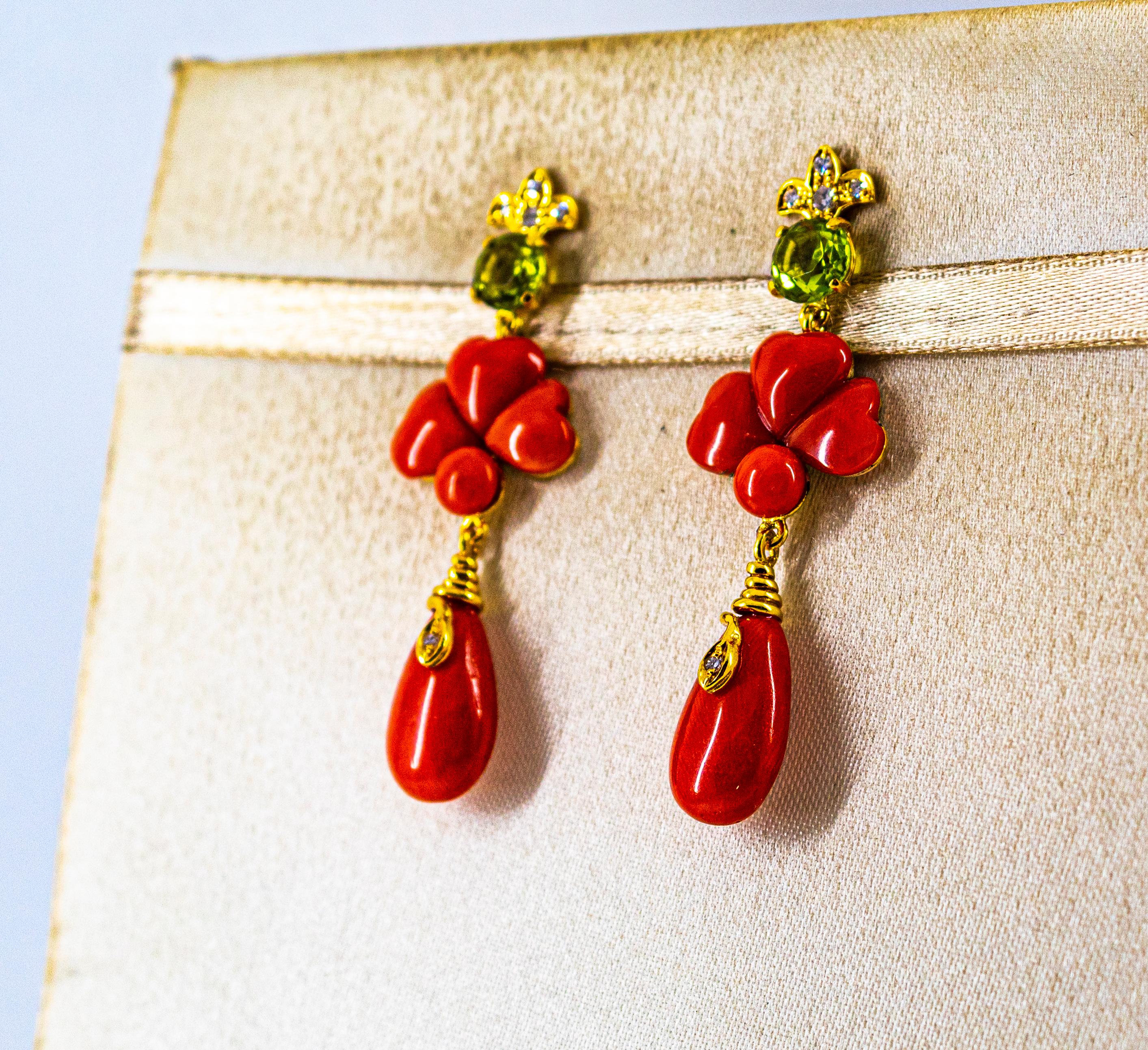 Brilliant Cut Art Deco Style 2.56 Carat White Diamond Peridot Red Coral Yellow Gold Earrings For Sale