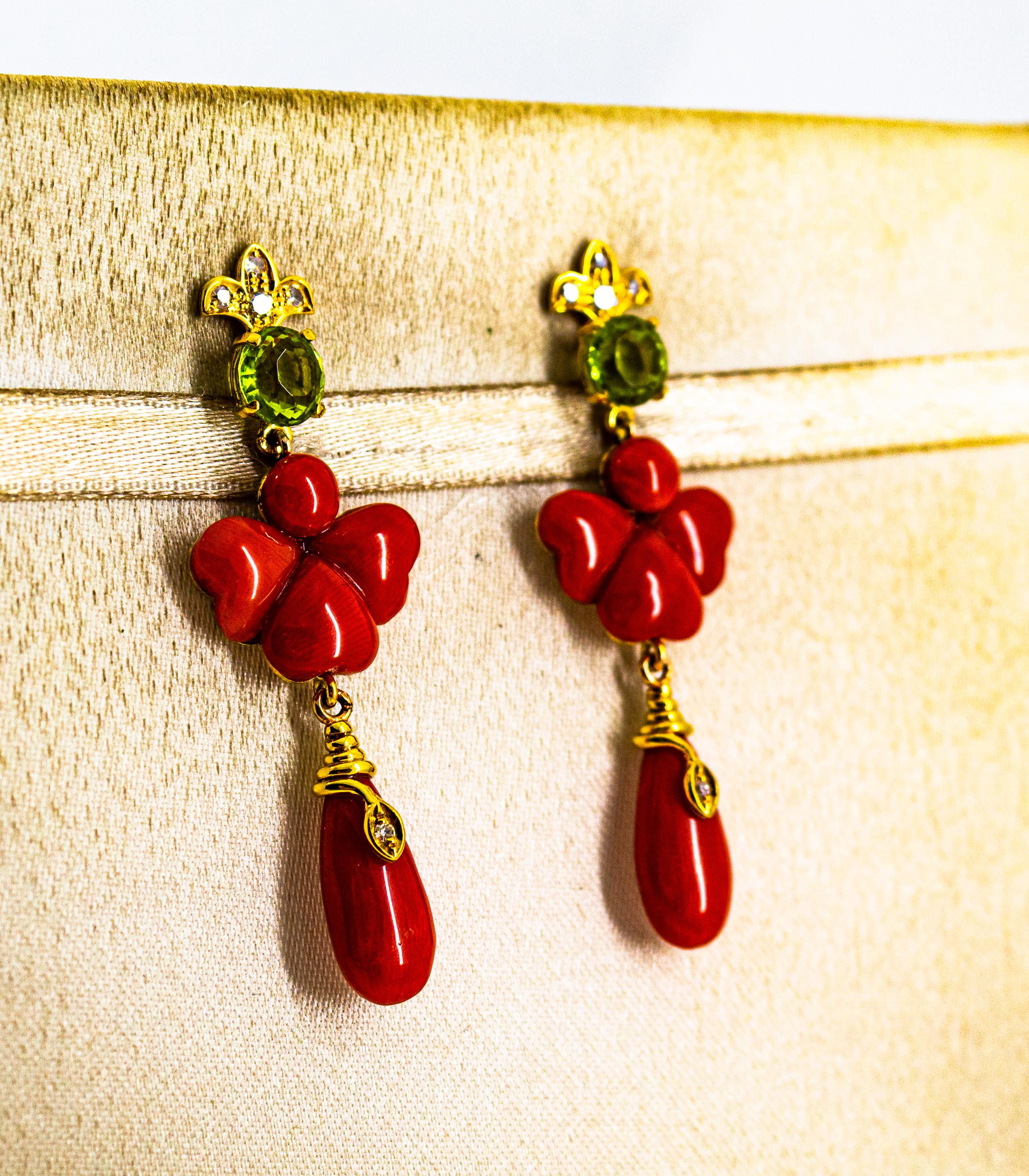 Brilliant Cut Art Deco Style 2.56 Carat White Diamond Peridot Red Coral Yellow Gold Earrings