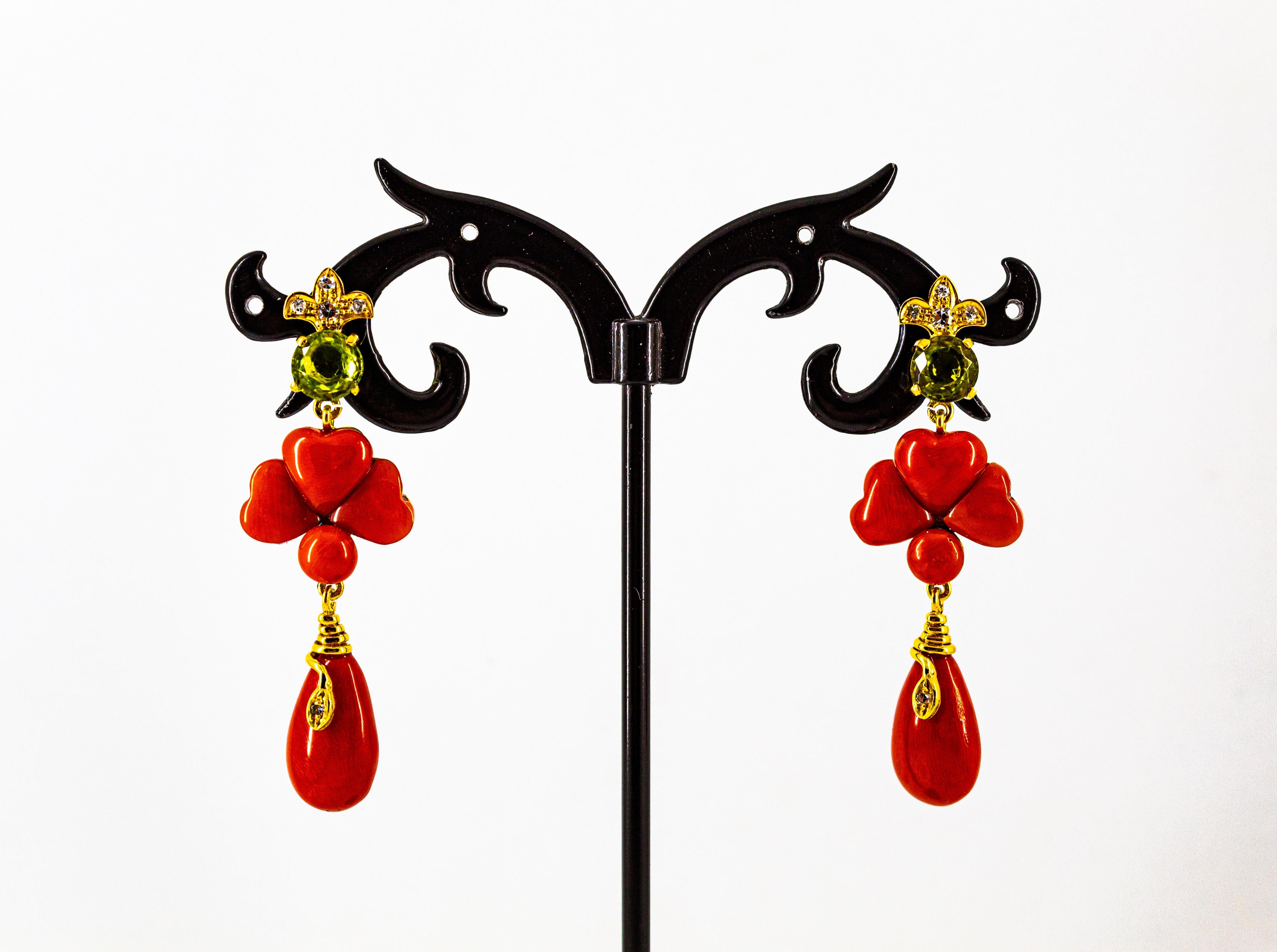 Women's or Men's Art Deco Style 2.56 Carat White Diamond Peridot Red Coral Yellow Gold Earrings For Sale