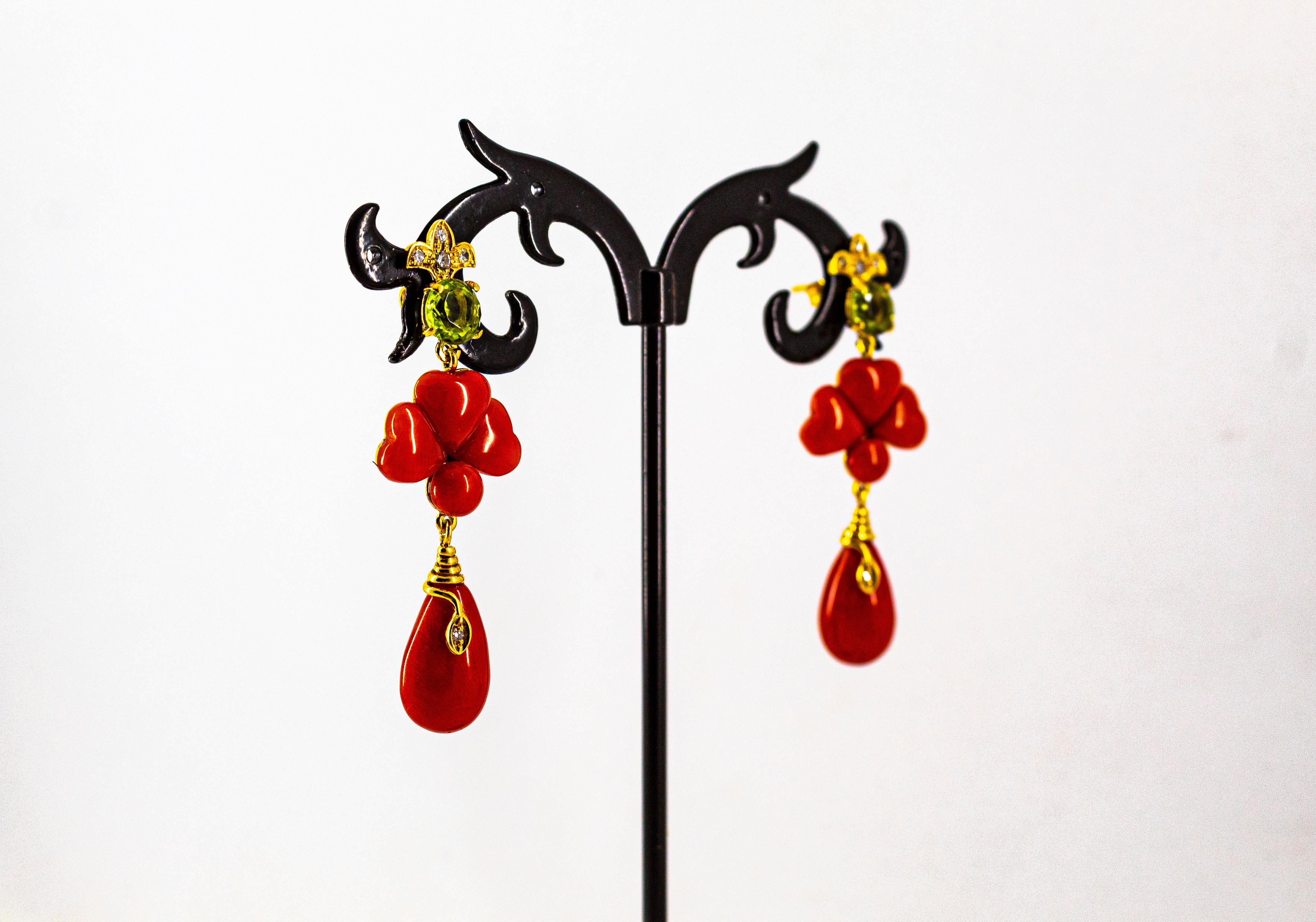 Brilliant Cut Art Deco Style 2.56 Carat White Diamond Peridot Red Coral Yellow Gold Earrings For Sale