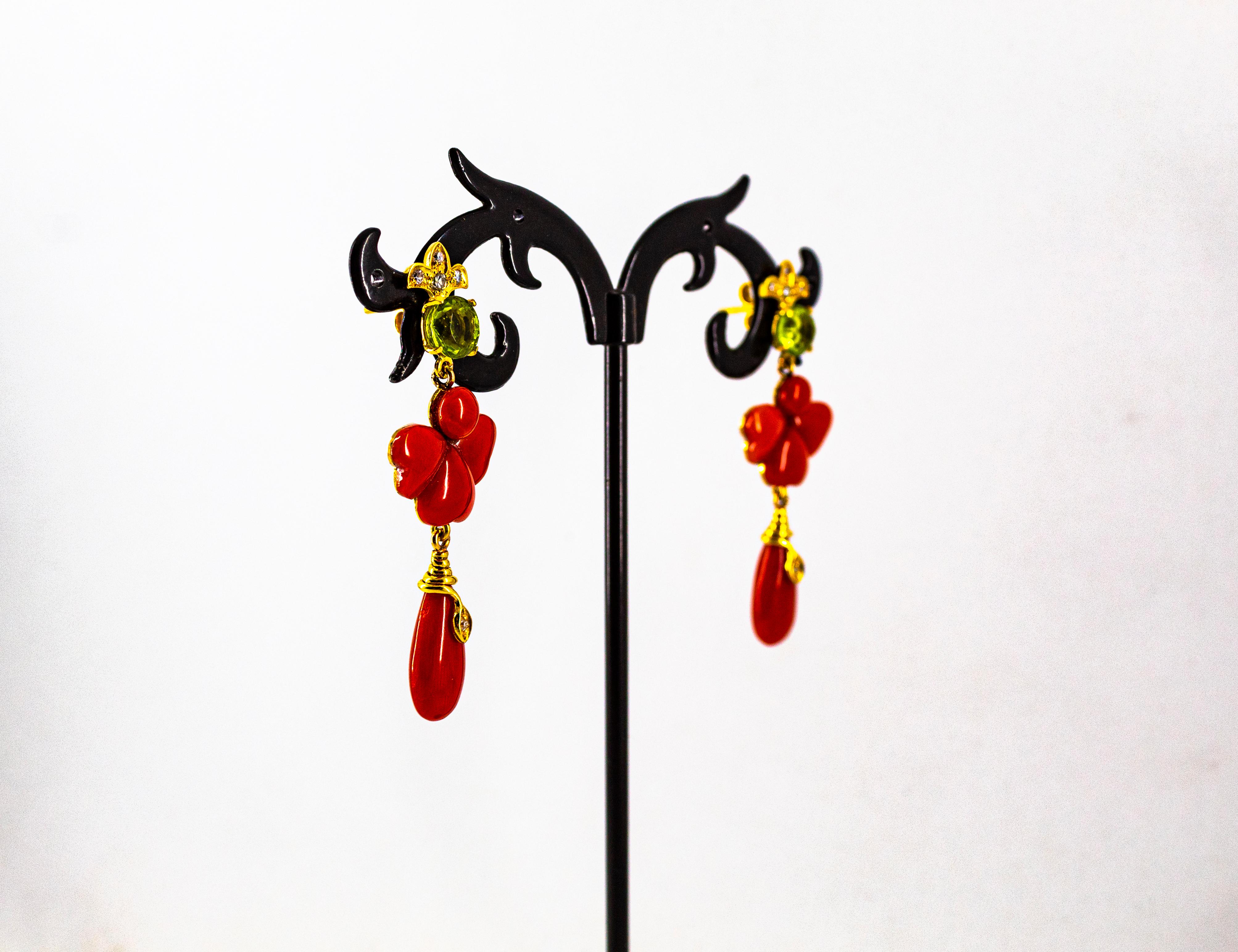Art Deco Style 2.56 Carat White Diamond Peridot Red Coral Yellow Gold Earrings For Sale 3
