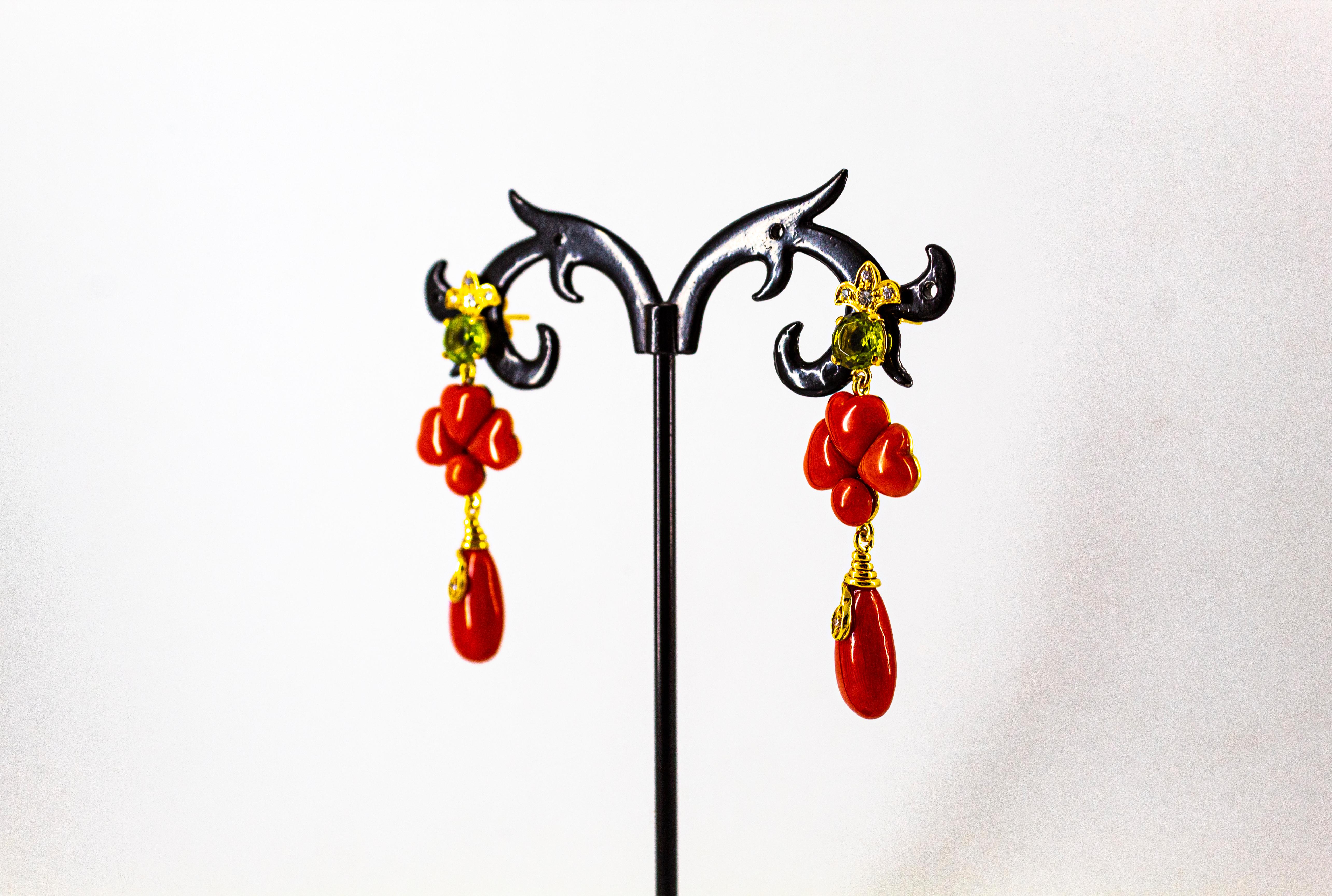 Art Deco Style 2.56 Carat White Diamond Peridot Red Coral Yellow Gold Earrings For Sale 3