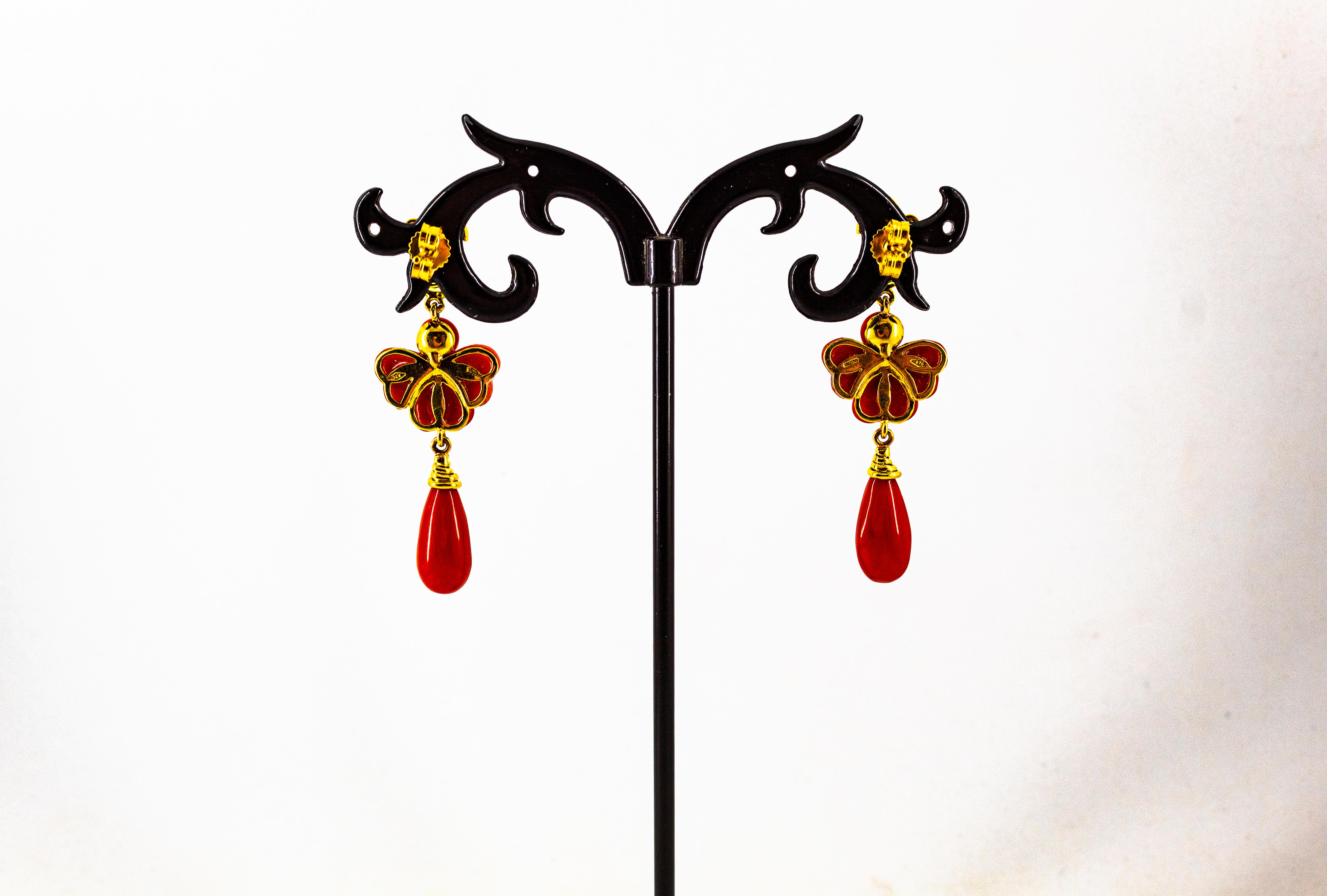 Art Deco Style 2.56 Carat White Diamond Peridot Red Coral Yellow Gold Earrings For Sale 4