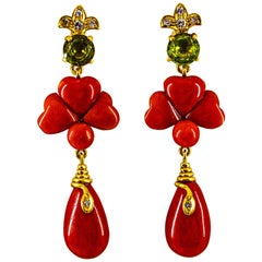 Art Deco Style 2.56 Carat White Diamond Peridot Red Coral Yellow Gold Earrings