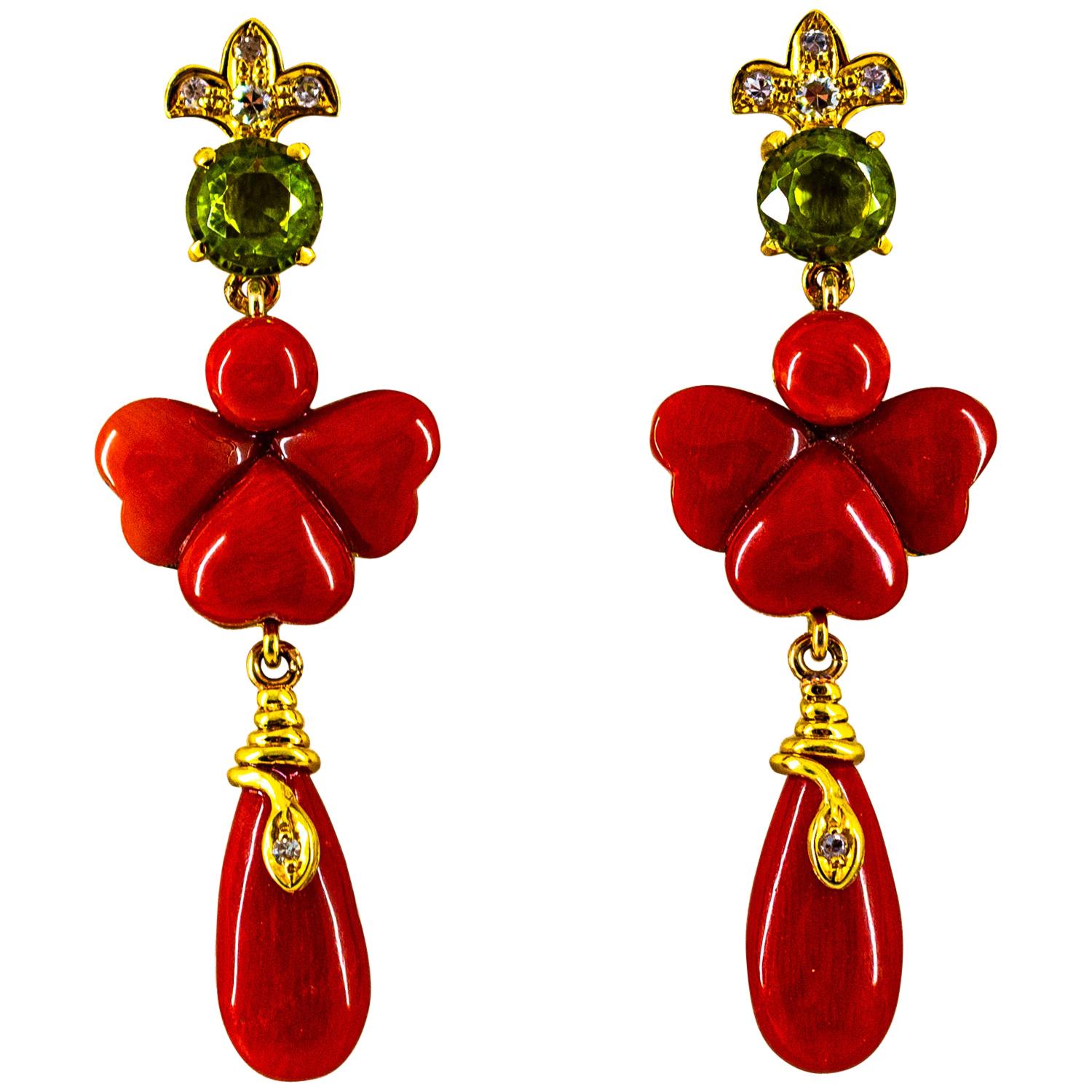 Art Deco Style 2.56 Carat White Diamond Peridot Red Coral Yellow Gold Earrings