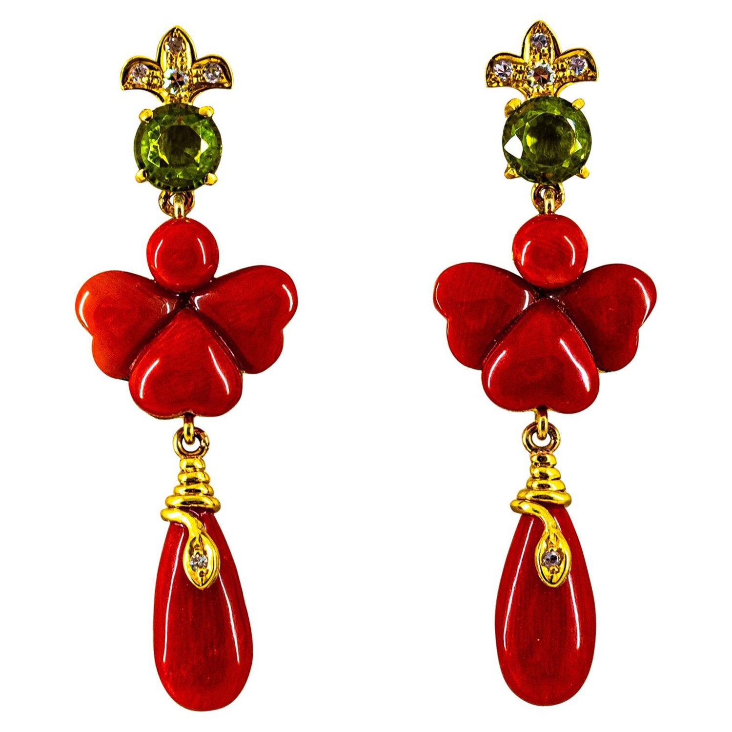 Art Deco Style 2.56 Carat White Diamond Peridot Red Coral Yellow Gold Earrings For Sale