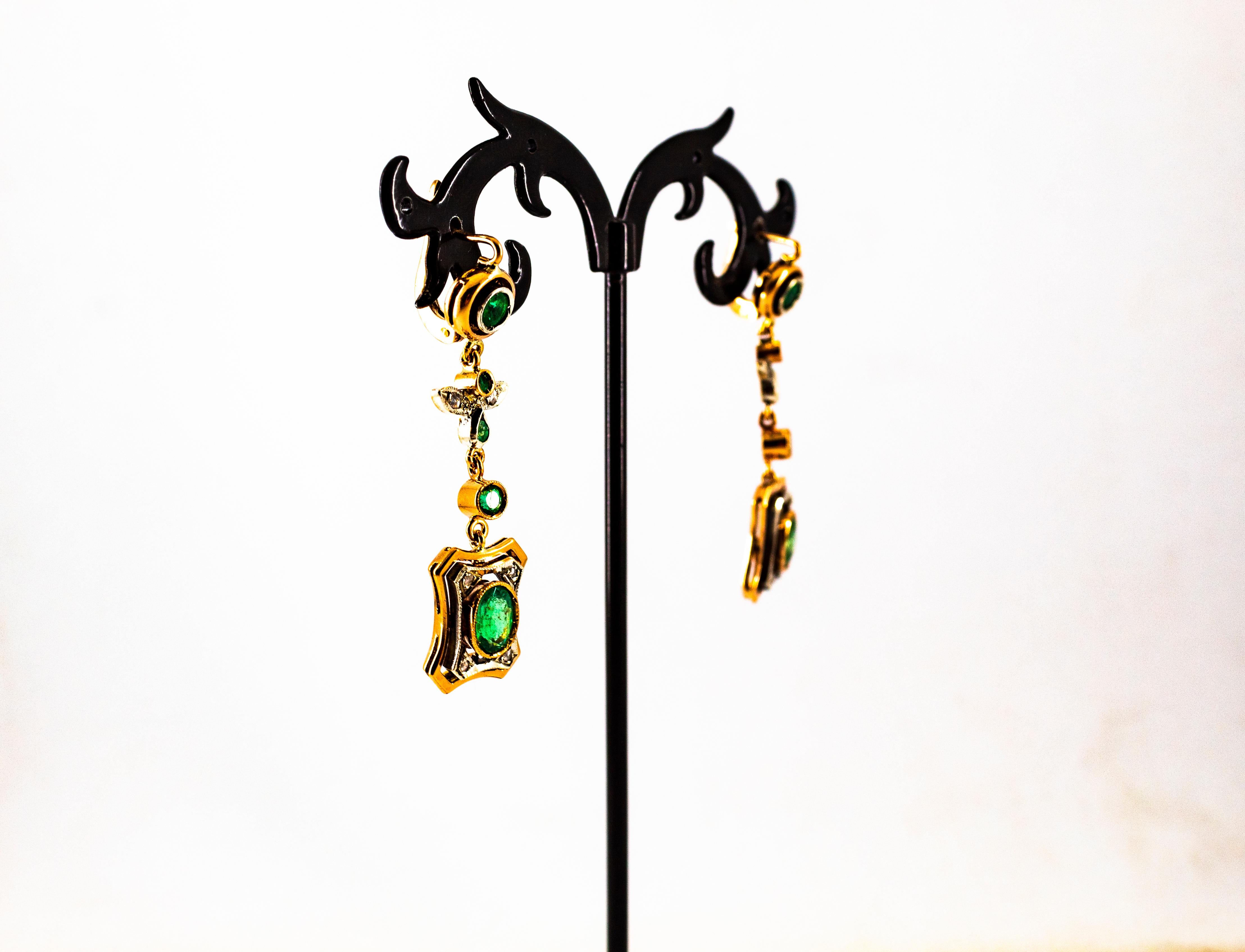 Boucles d'oreilles en or jaune de style Art déco avec diamants blancs taille rose de 2,60 carats et émeraudes en vente 10