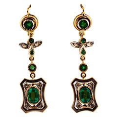 Art Deco Style 2.60 Carat White Rose Cut Diamond Emerald Yellow Gold Earrings
