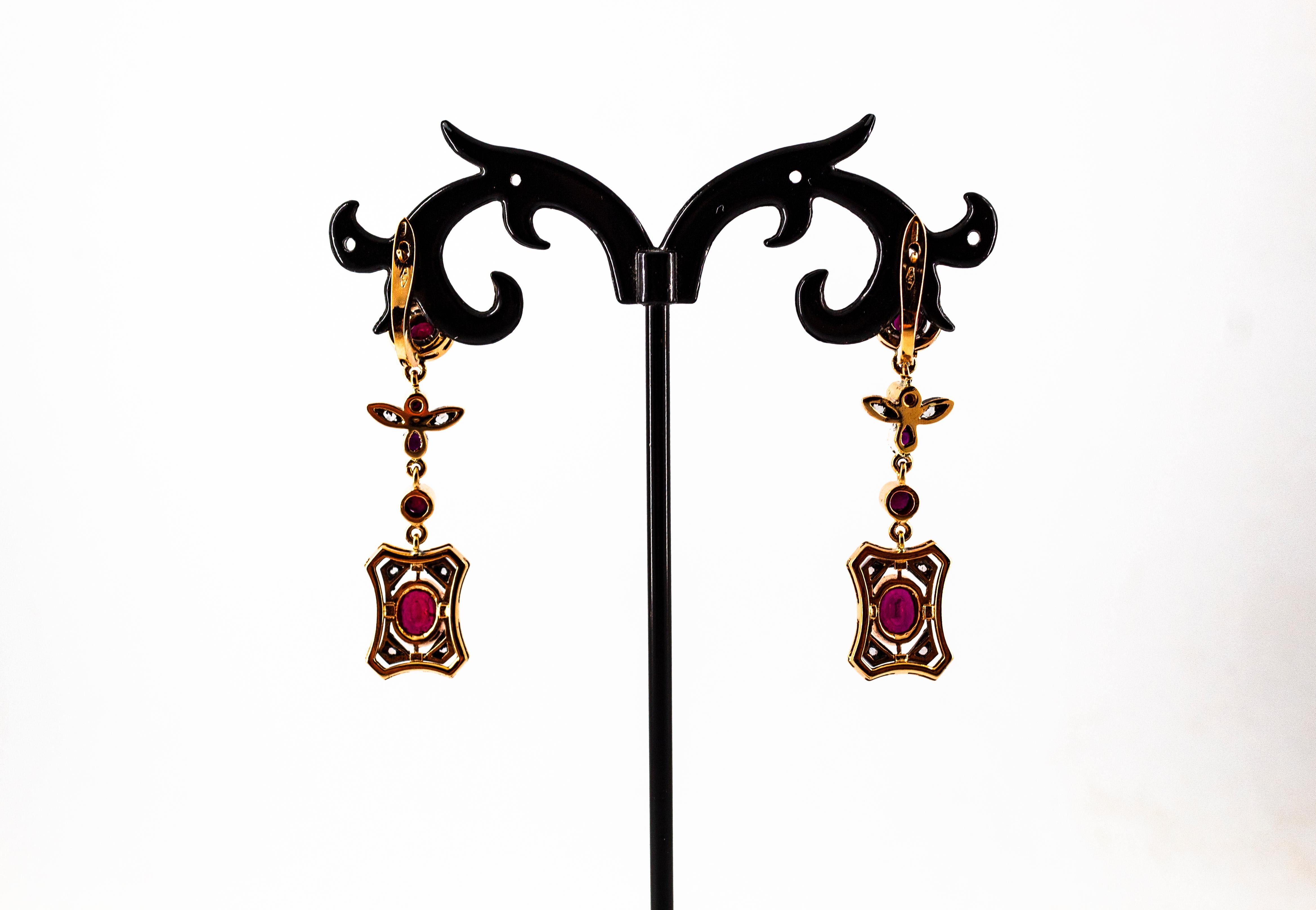 Boucles d'oreilles en goutte de style Art déco en or jaune avec rubis et diamants blancs taille rose de 2,60 carats en vente 5