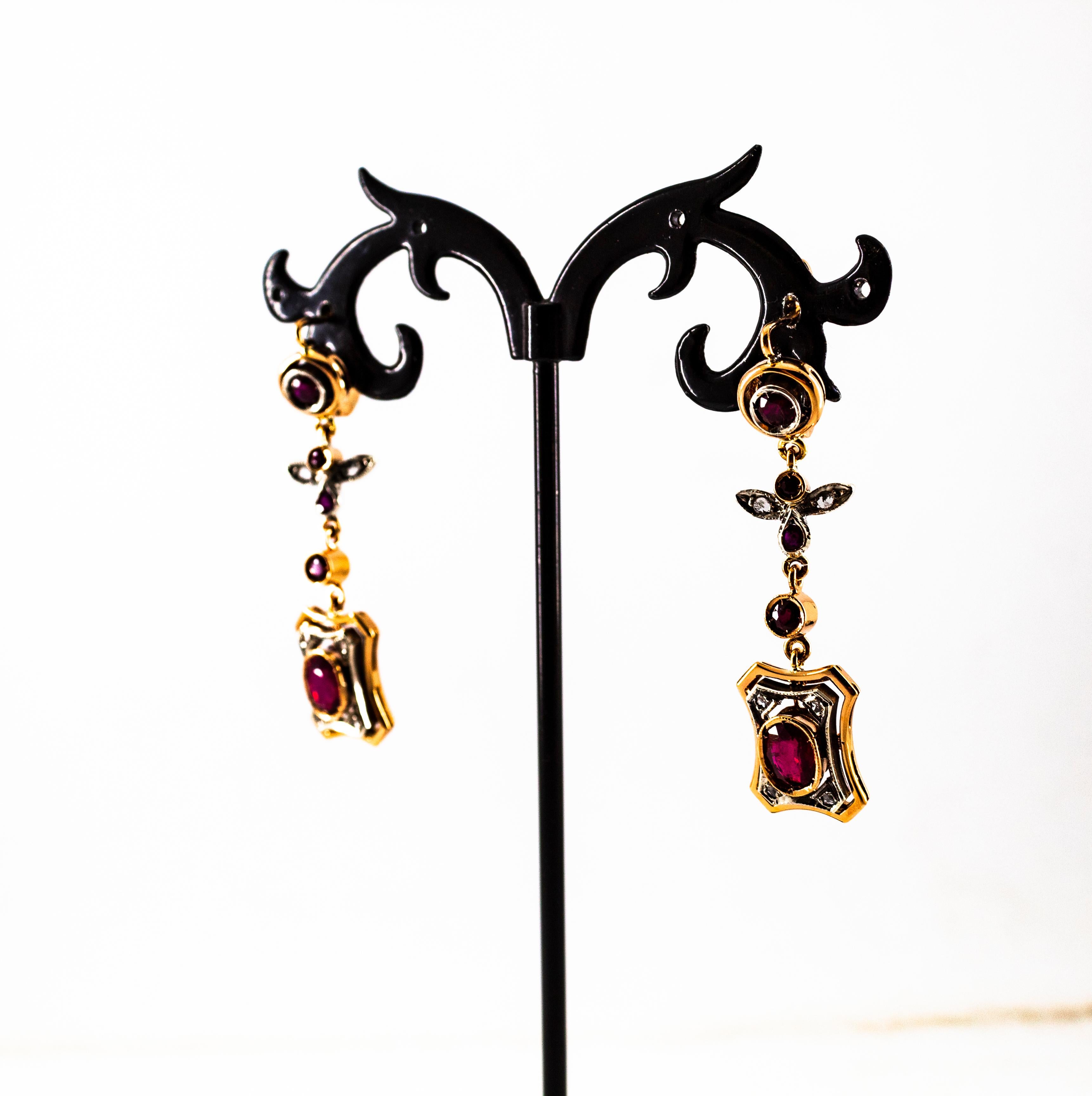 Boucles d'oreilles en goutte de style Art déco en or jaune avec rubis et diamants blancs taille rose de 2,60 carats en vente 6