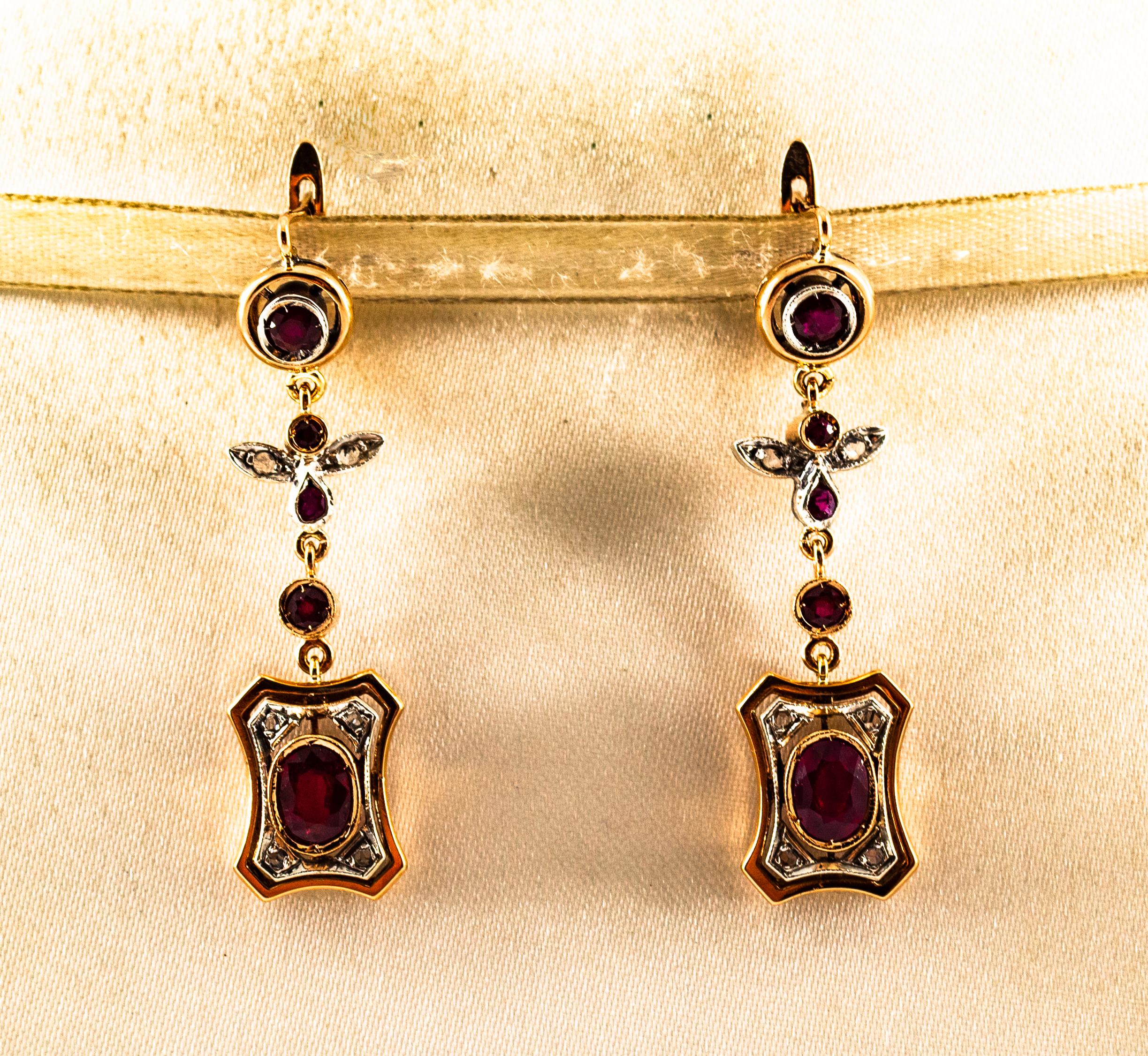 Women's or Men's Art Deco Style 2.60 Carat White Rose Cut Diamond Ruby Yellow Gold Drop Earrings