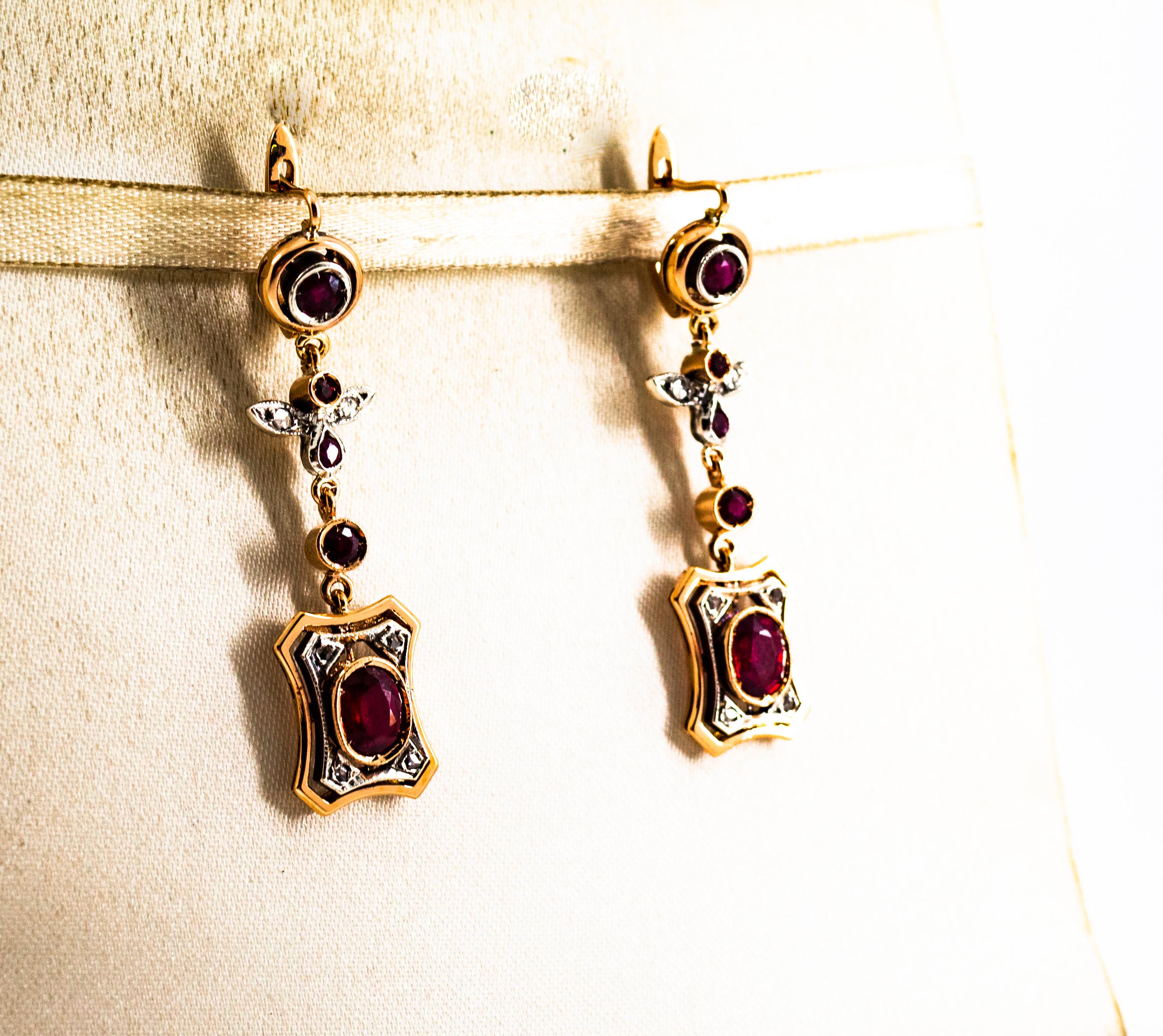Art Deco Style 2.60 Carat White Rose Cut Diamond Ruby Yellow Gold Drop Earrings For Sale 1