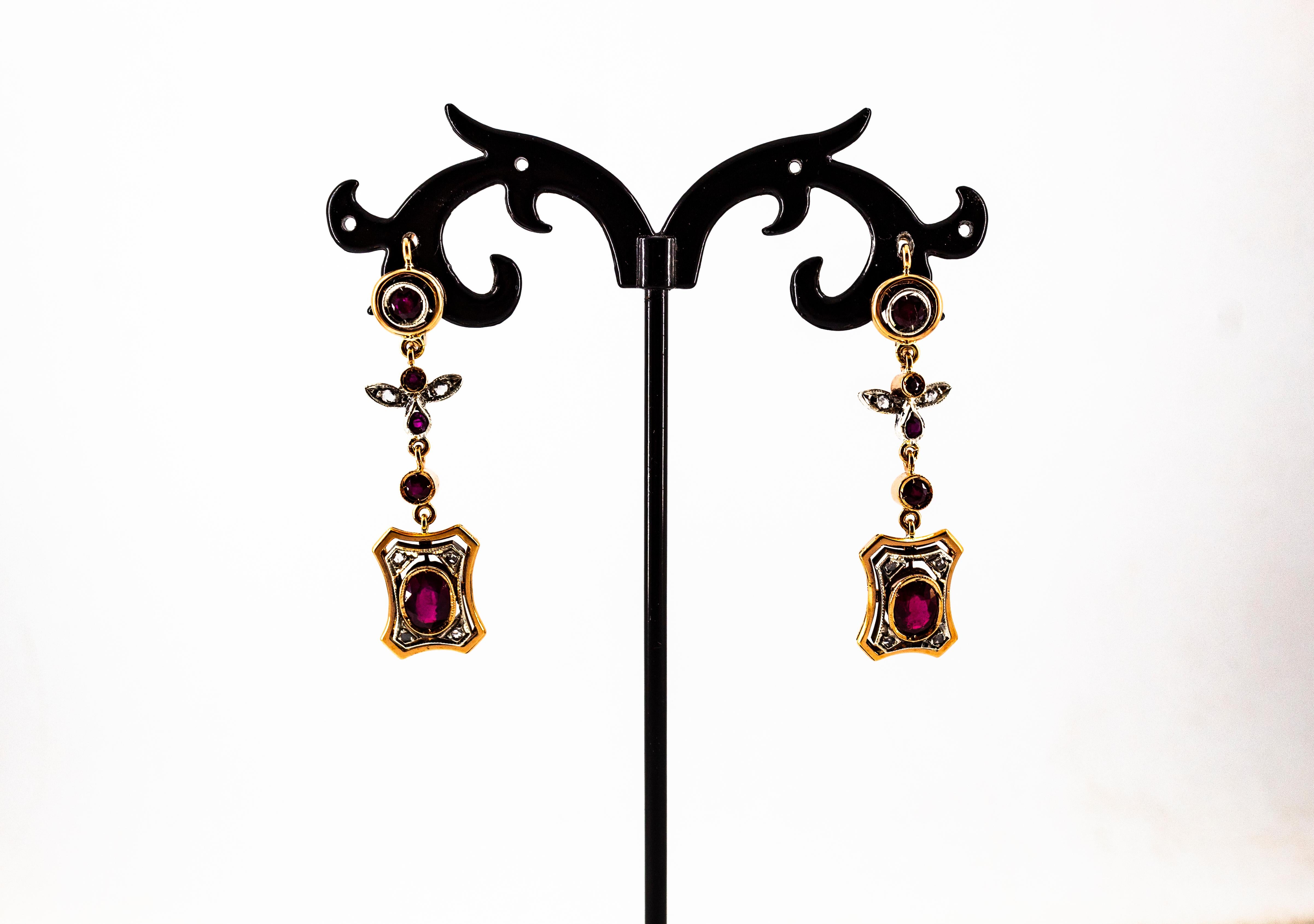 Boucles d'oreilles en goutte de style Art déco en or jaune avec rubis et diamants blancs taille rose de 2,60 carats en vente 2