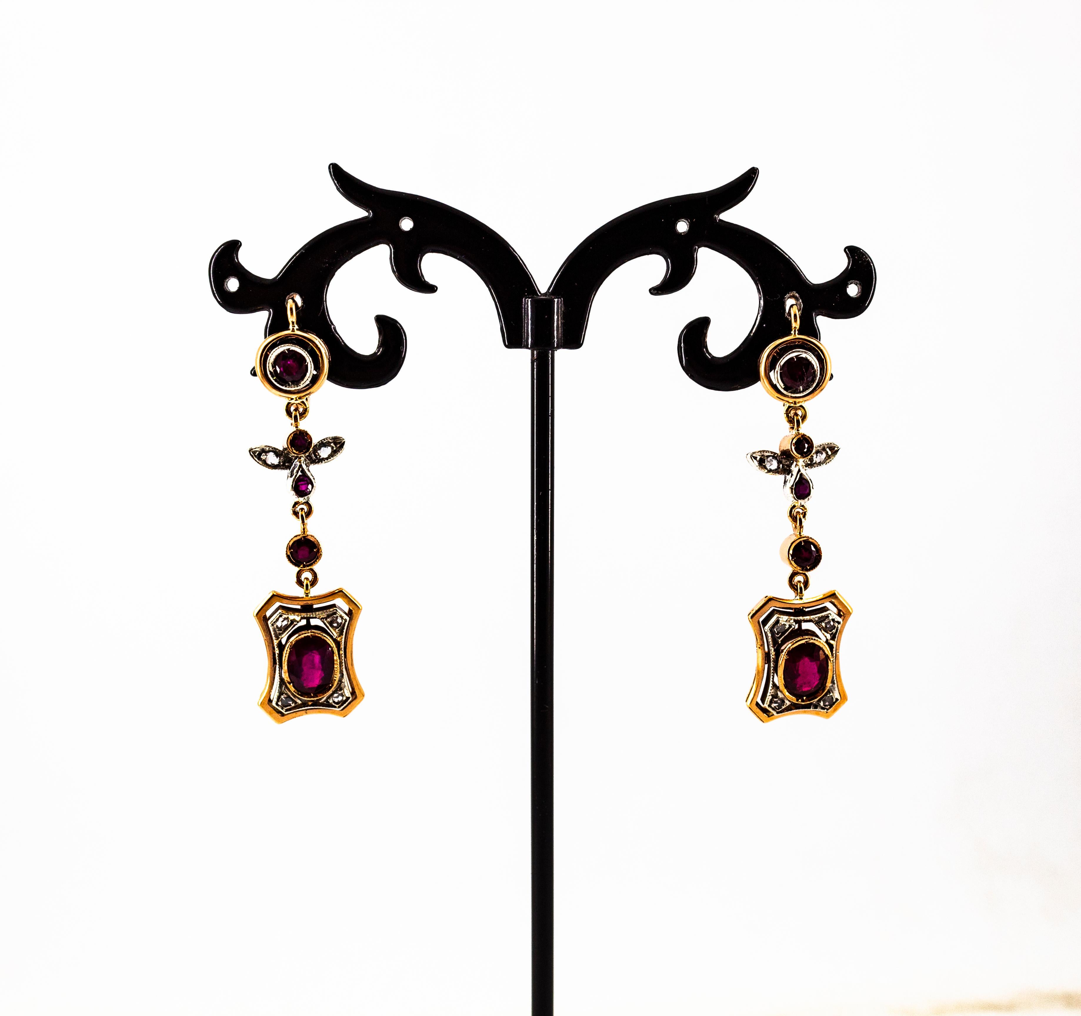 Boucles d'oreilles en goutte de style Art déco en or jaune avec rubis et diamants blancs taille rose de 2,60 carats en vente 3