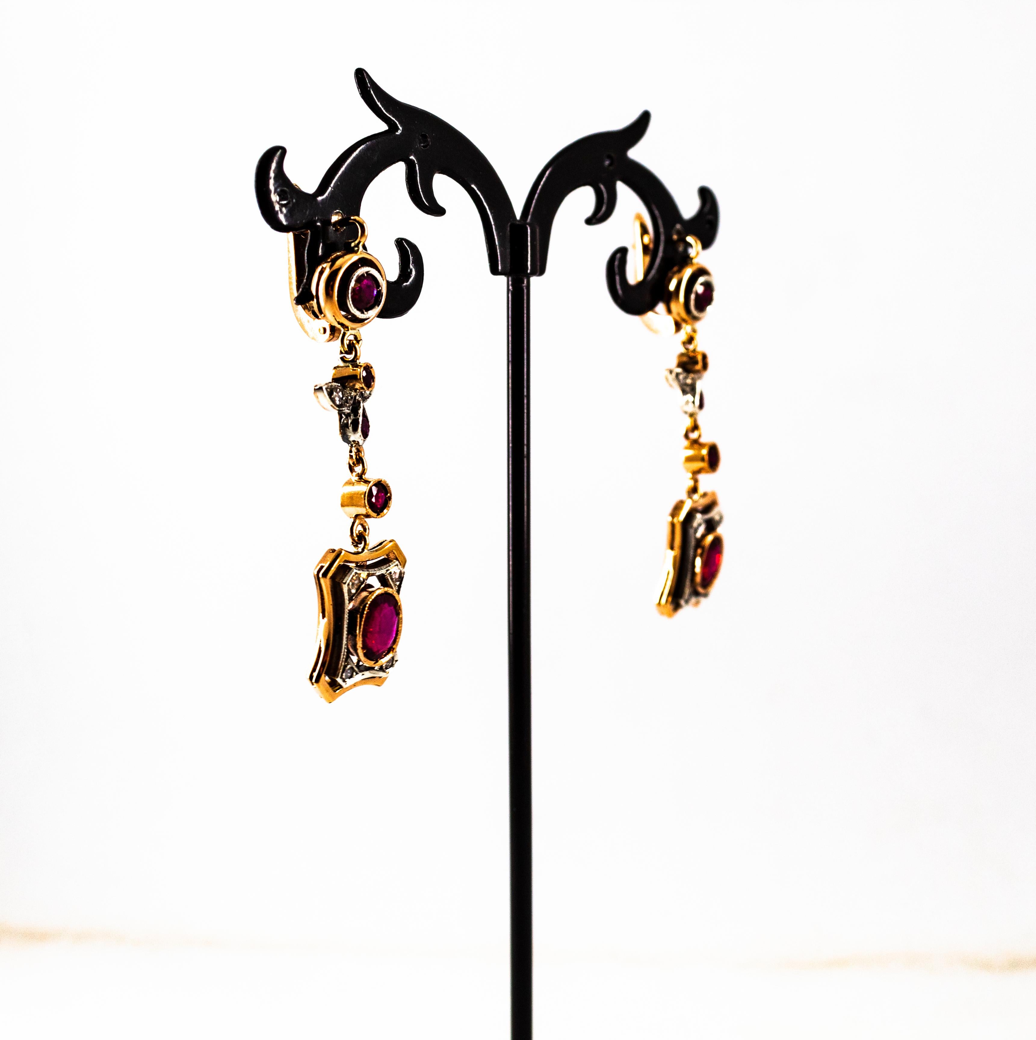 Boucles d'oreilles en goutte de style Art déco en or jaune avec rubis et diamants blancs taille rose de 2,60 carats en vente 4